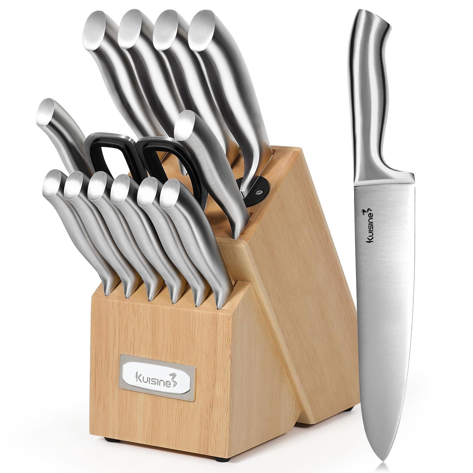Premium Sharp Knife Set,Carbon Steel Knife Set Forged,Ergonomic Handle Knife Block Set,Kitchen Block Knife Set,Chef Knife Set Built-in Sharpener(Silver Pro, 15PCS)