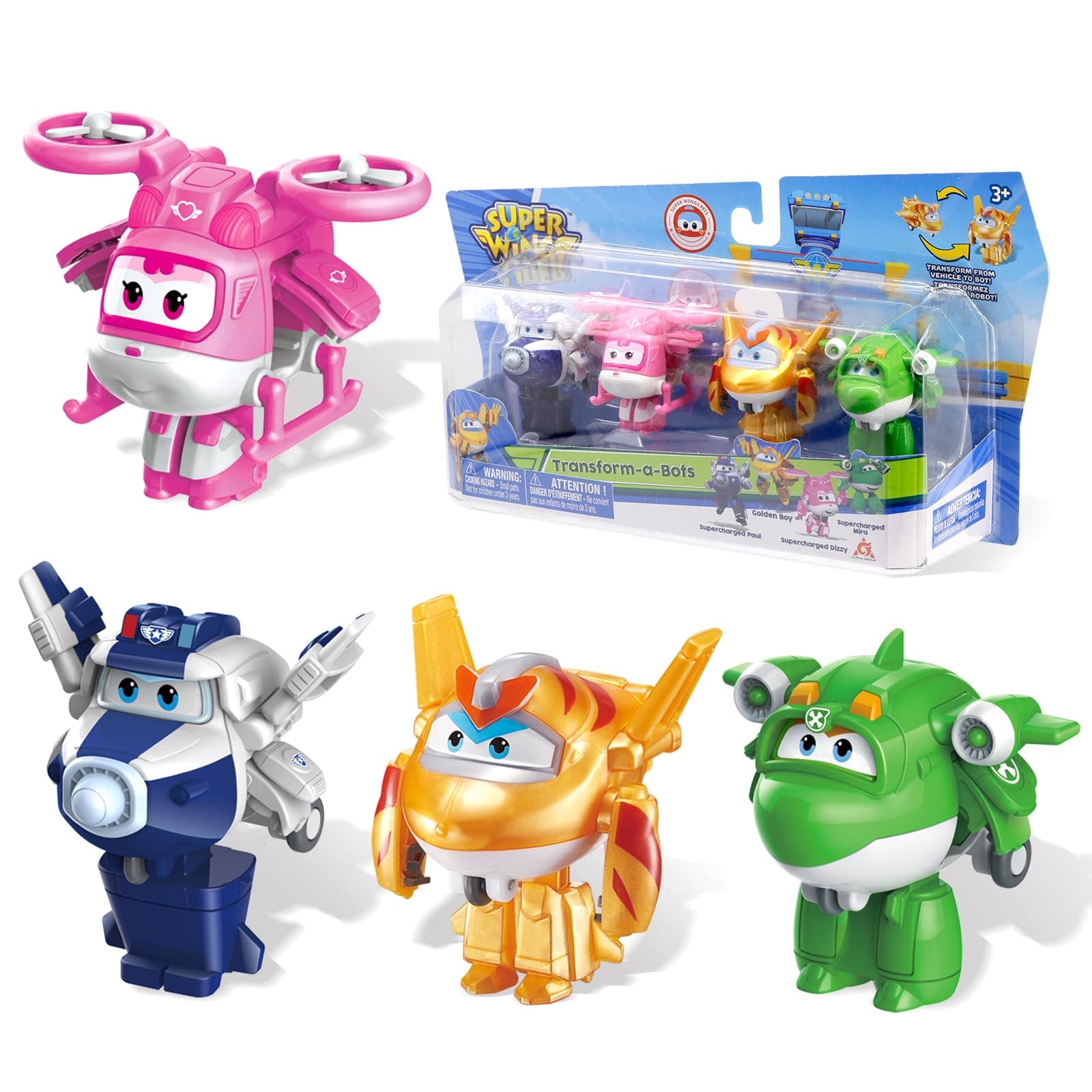 Super Wings 2" Transform-a-Bot 4-Pack, Supercharged Paul, Dizzy, Golden Boy, Mira, Airplane Toys Mini Action Figures, Preschool Toys for 3 4 5 Year Old Kids, Transformer Toys Birthday Gifts for Kids