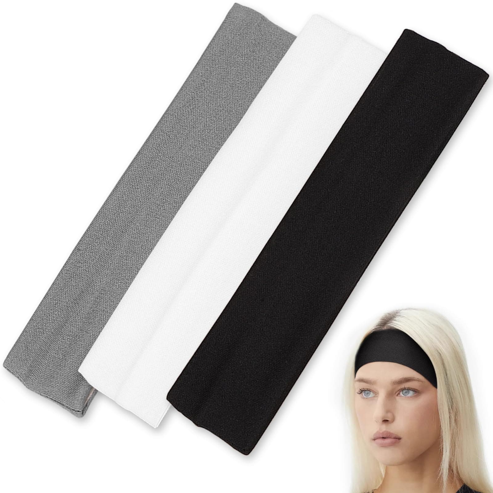 Leogony 3PCS *8CM Hair Band Headbands for Women, Stretchy Cotton Jersey, Elastic Fabric Sweat Head Bands for Womens Sports Yoga Running
