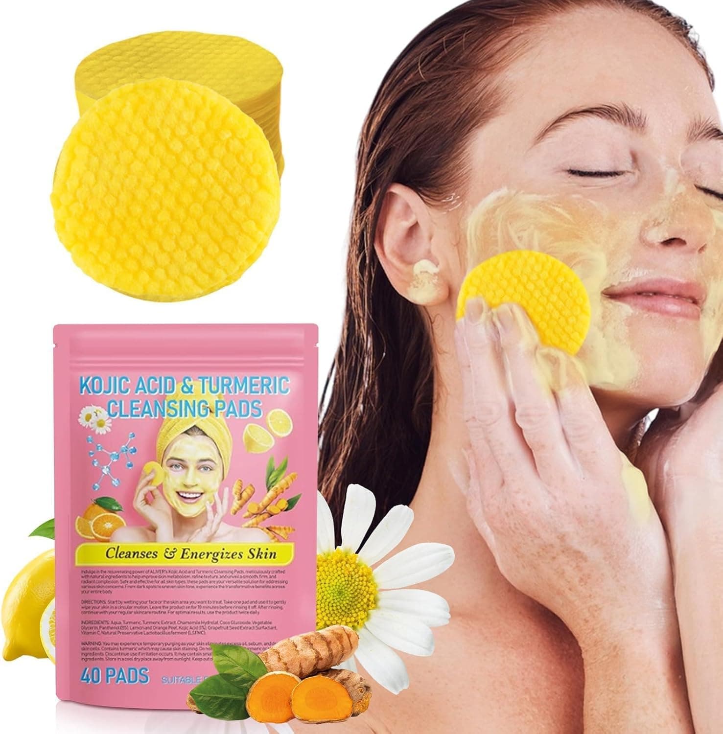 Turmeric Kojic Acid Cleansing Pads,40Pcs Turmeric Exfoliating Foaming Pads,Resurfacing Pads for Face & Body,Fades Dark spots,Fades Discoloration, Facial Sponges for Cleansing 01