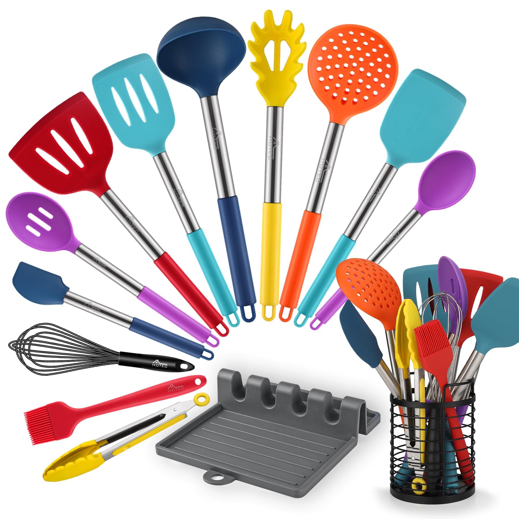 HOTEC Heat Resistant Silicone Kitchen Utensils, Cooking Utensil Set, Spatula Set, BPA Free, Kitchen Gadgets, Pot and Pans Nonstick, Dishwasher Safe 14pcs
