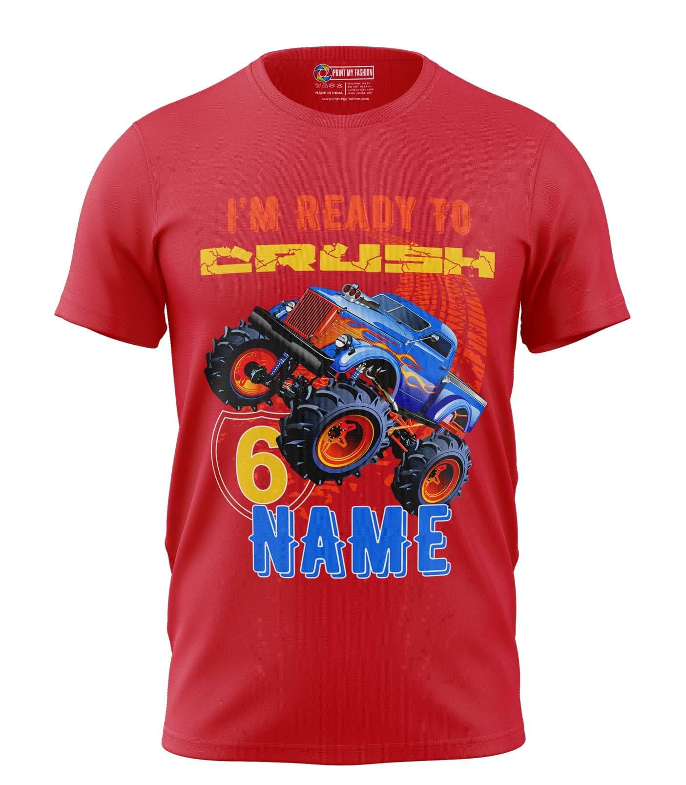 Print My FashionCustomized Personalized Birthday Boys T-Shirt Monster Truck Theme, Regular Fit Trendy & Comfortable, Name Age Printed Graphic Cotton t Shirt for Boys