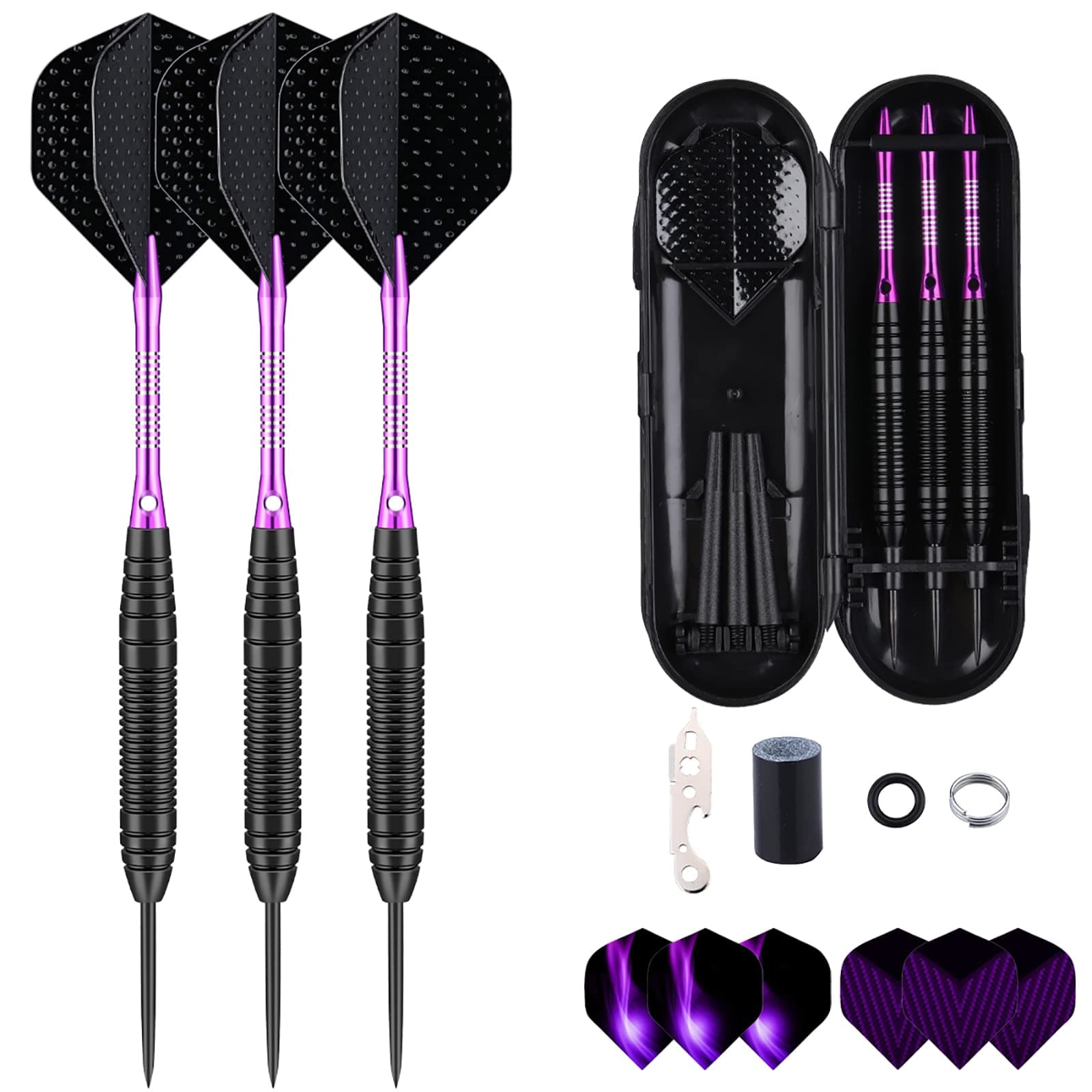 Darts Metal Tip Set - 3 Pack Professional 22 Grams Steel Tip Darts with Slim Case Black Purple Blue Aluminum Shafts 9 Flights 50 Rubber O'Rings 1 Dart Sharpener 12 Spring Rings