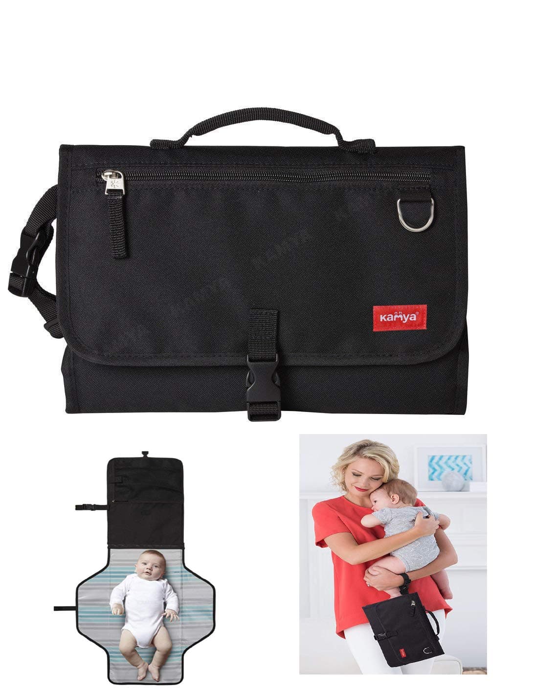 Portable Baby Diaper Changing Station, Waterproof Padded Travel Pad with Strap and Clip, 2 Packets (Black)