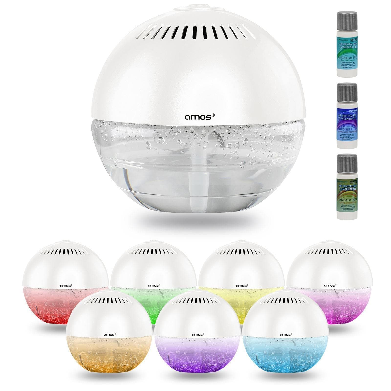 AMOS Globe Revitaliser with Base Fresh Air Purifier Freshener Cleaner Ioniser with Colour Changing LED Light & 3 x 10ml Fragrances Essence Aroma (Silver), 1 - Pack