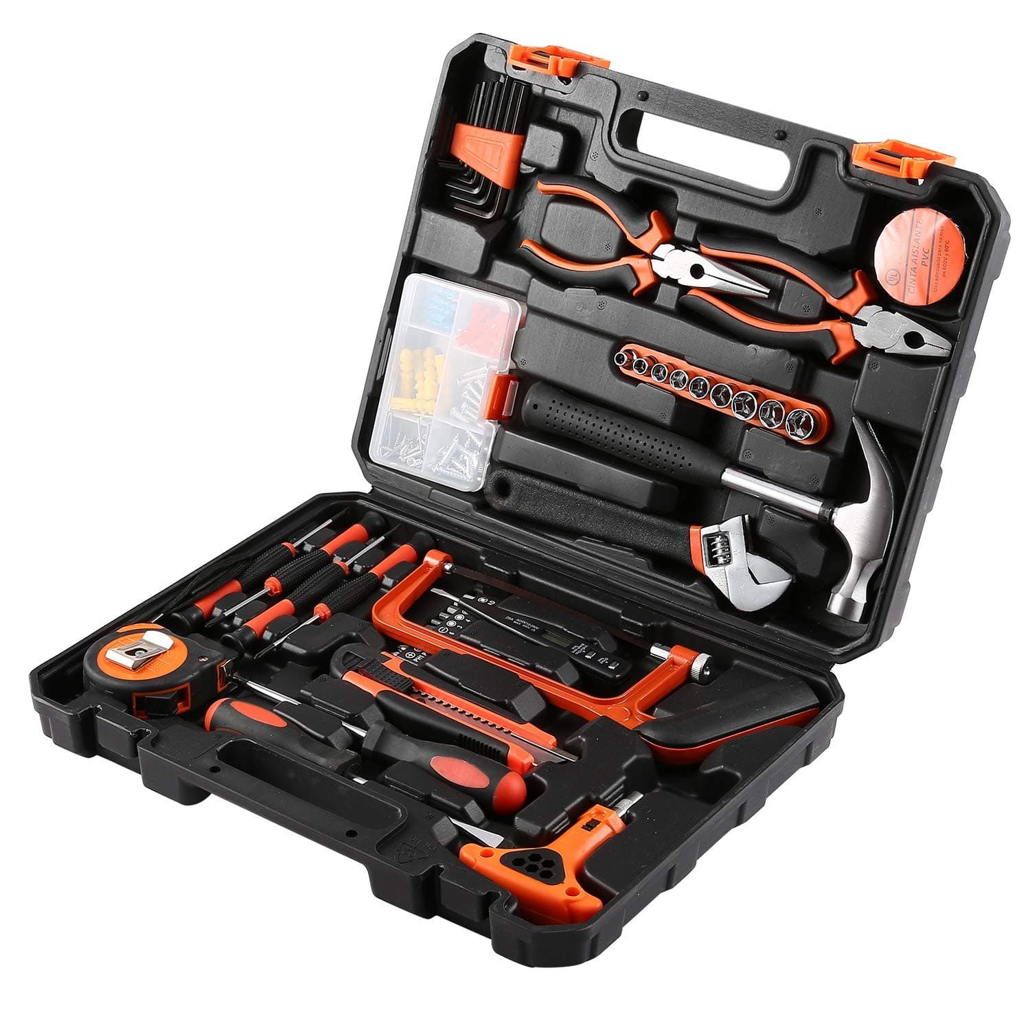 FAB Innovations 82 Pcs DIY Household Hand Tool Box with Screwdrivers Pliers Wrenches Hammer Saw Tool Kit Home Tool Set for Home Office Shed Garage Bike Car Electronics Test Repair Maintenance
