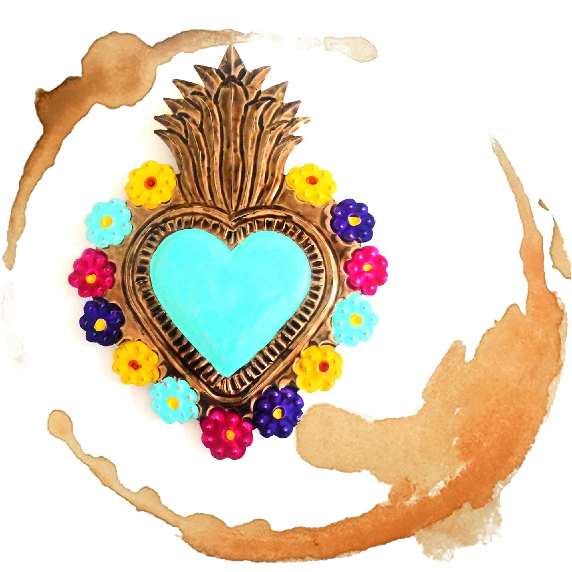 Irekua Mexican Tin Hearts 5 Pieces Art Wall Decor 6" Mexican Decorations Milagros Mexicanos Hand Painted Colorful Metal Charms Folk Art Sacred Craft Mexico Decorations -Handmade