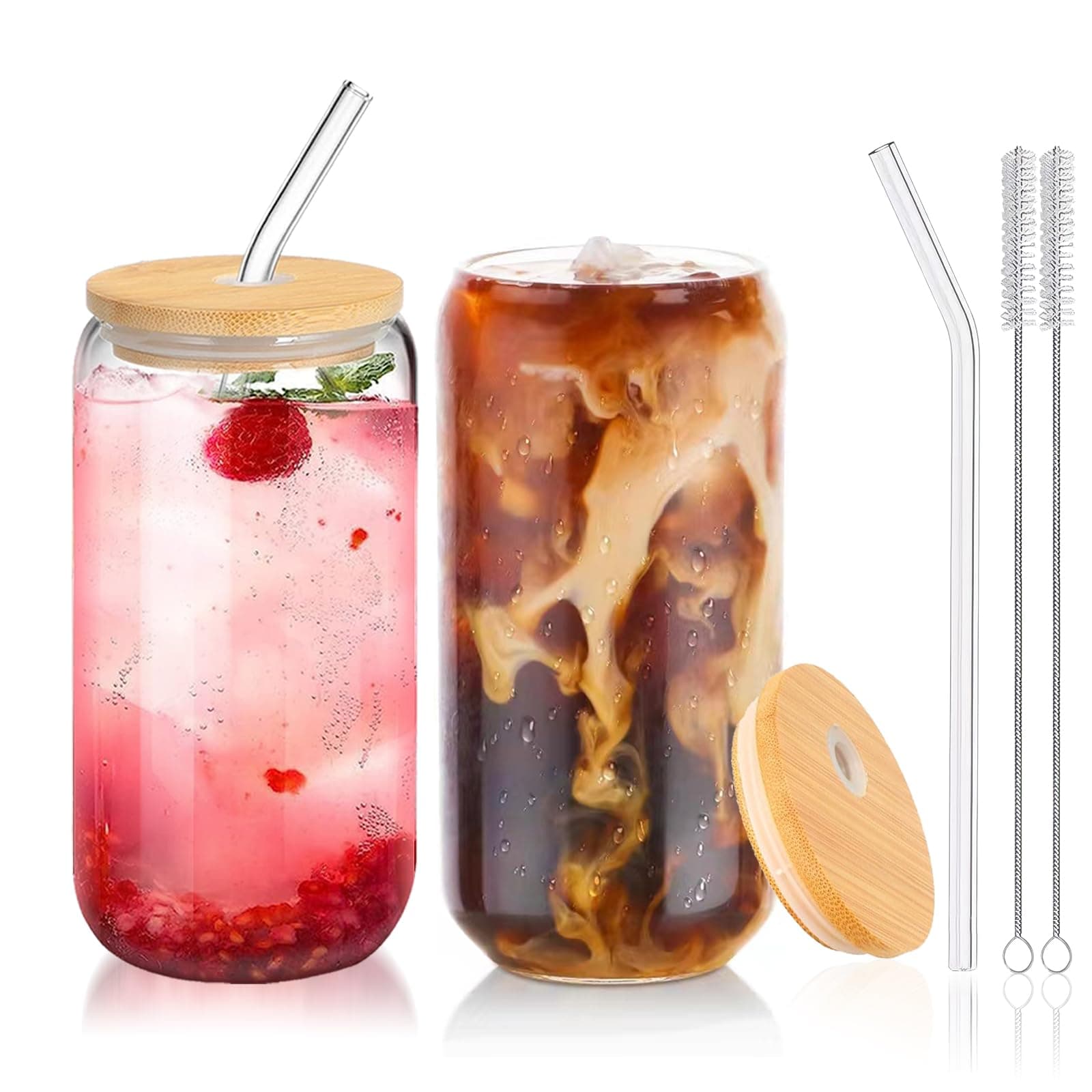 Glass Cups with Lids and Straws 2Pcs,Cute Glass Cups for Iced Coffee Smoothies Whiskey Matcha Mojito Soda,16 Oz,2 Brush