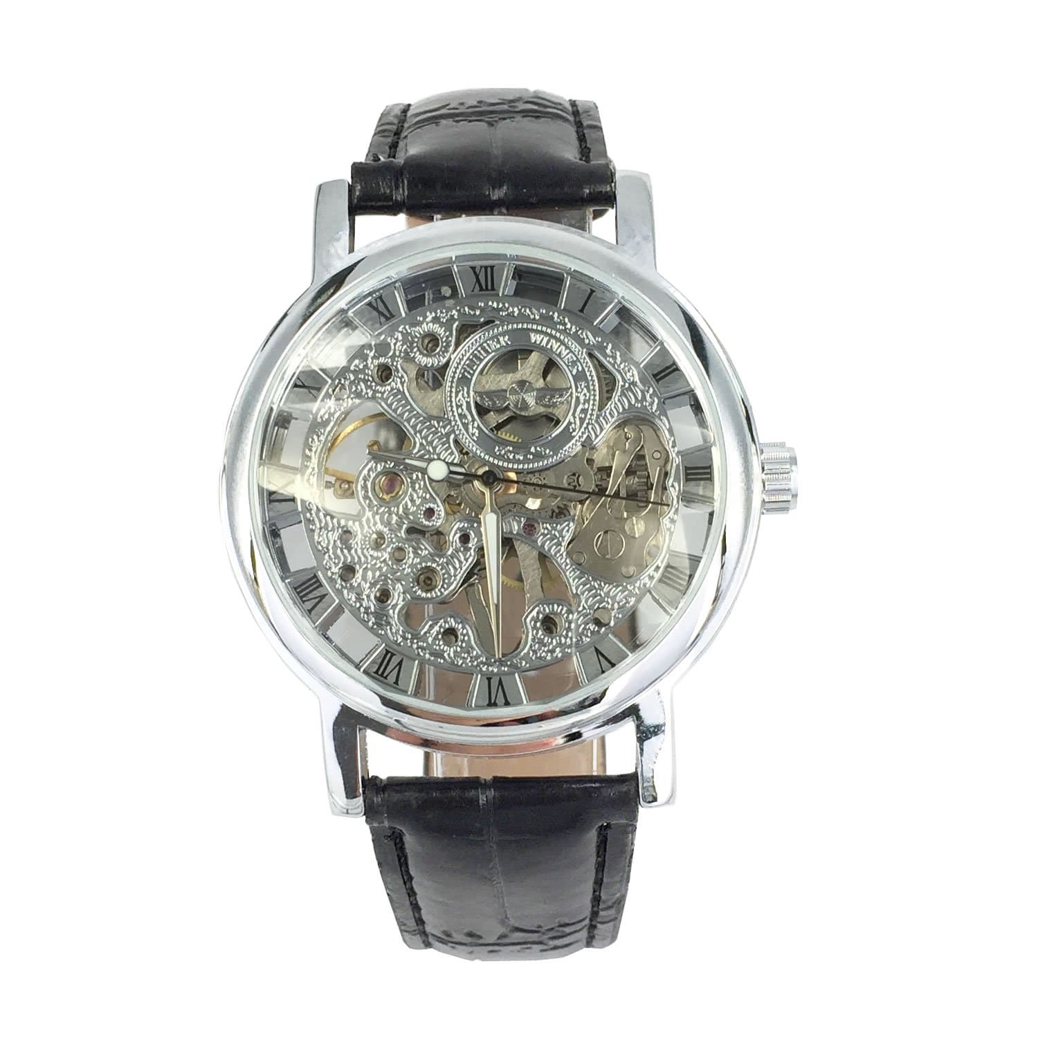 Vantasy Men's Elegant Roman Stainless Steel Hand Wind Mechanical Silver Dial Skeleton Analog Leather Watch