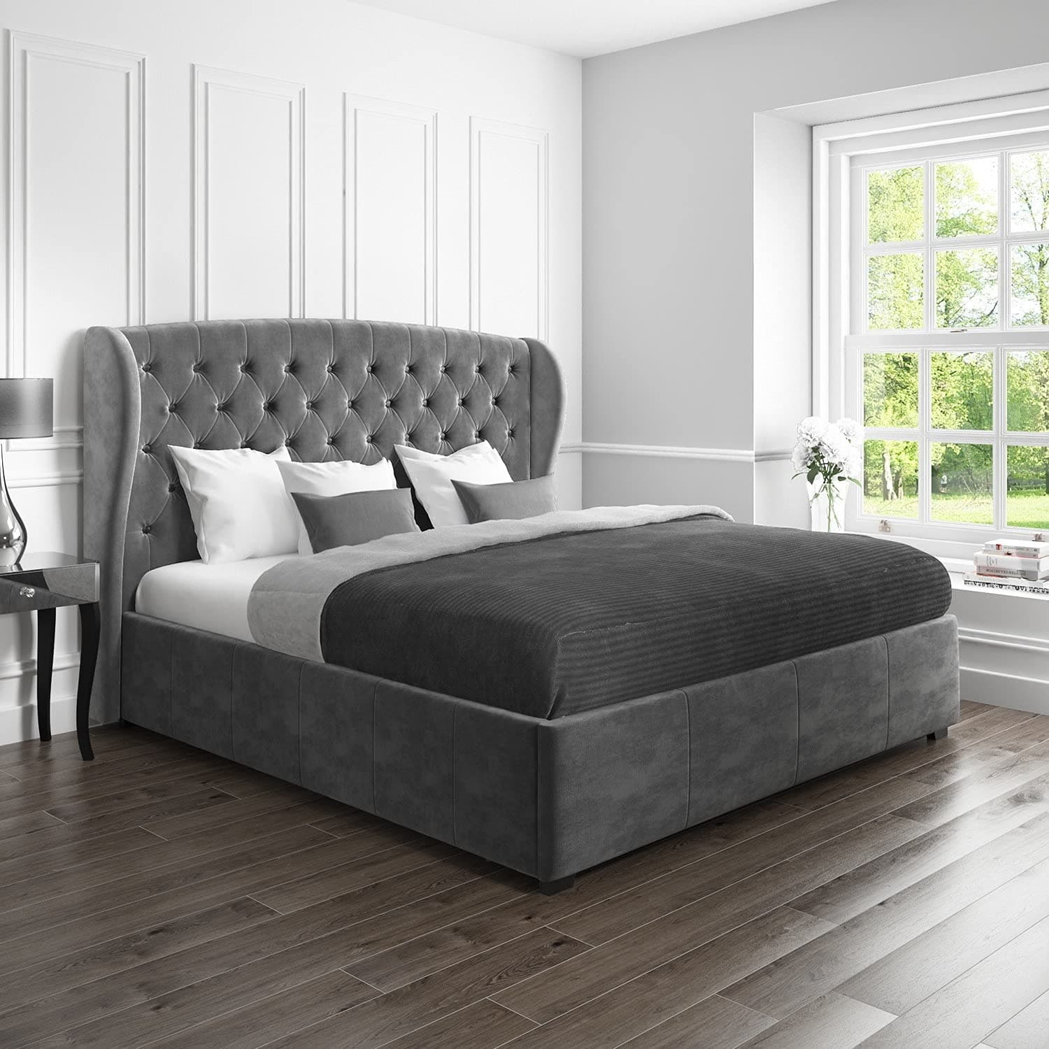 SafinaGrey Velvet Super King Ottoman Bed with Winged Headboard