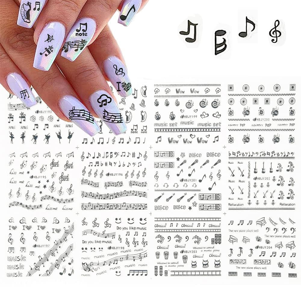 Musical Instrument Series Nail Art Stickers, Musical Notes Nail Decals 3D Self-Adhesive Guitar Erhu Piano Keys Microphone Musical Notes Nail Design Manicure Tips Nail Decoration for Women Girls Kids