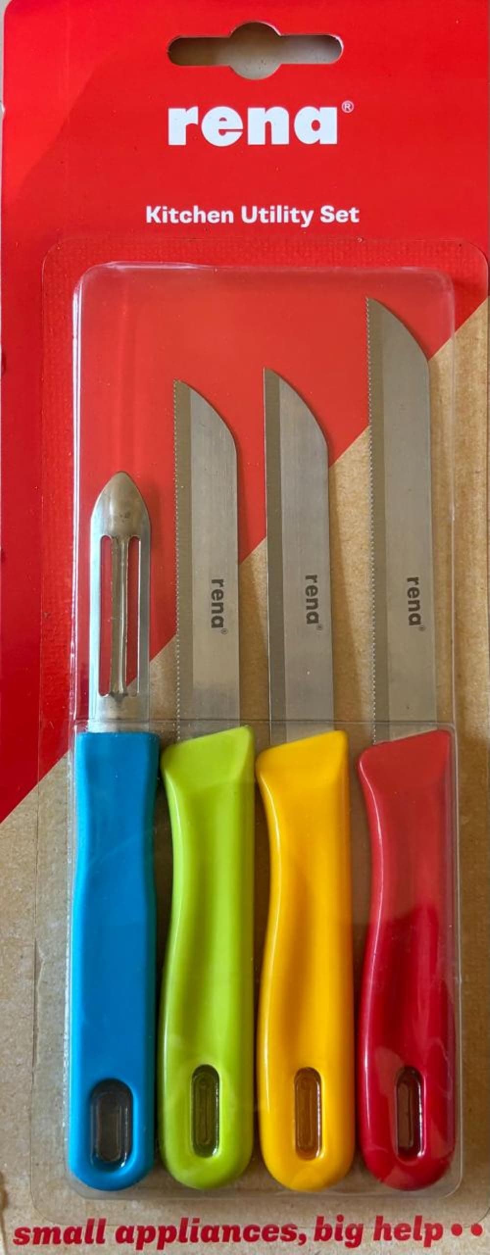 Rena Germany Knife Set - Serrated Knife 110mm, Serrated Knife 90mm, Plain Knife 90mm and Promo Peeler - Kitchen Accessory - for Kitchen, Home and Restaurant (Stainless Steel, Silver)