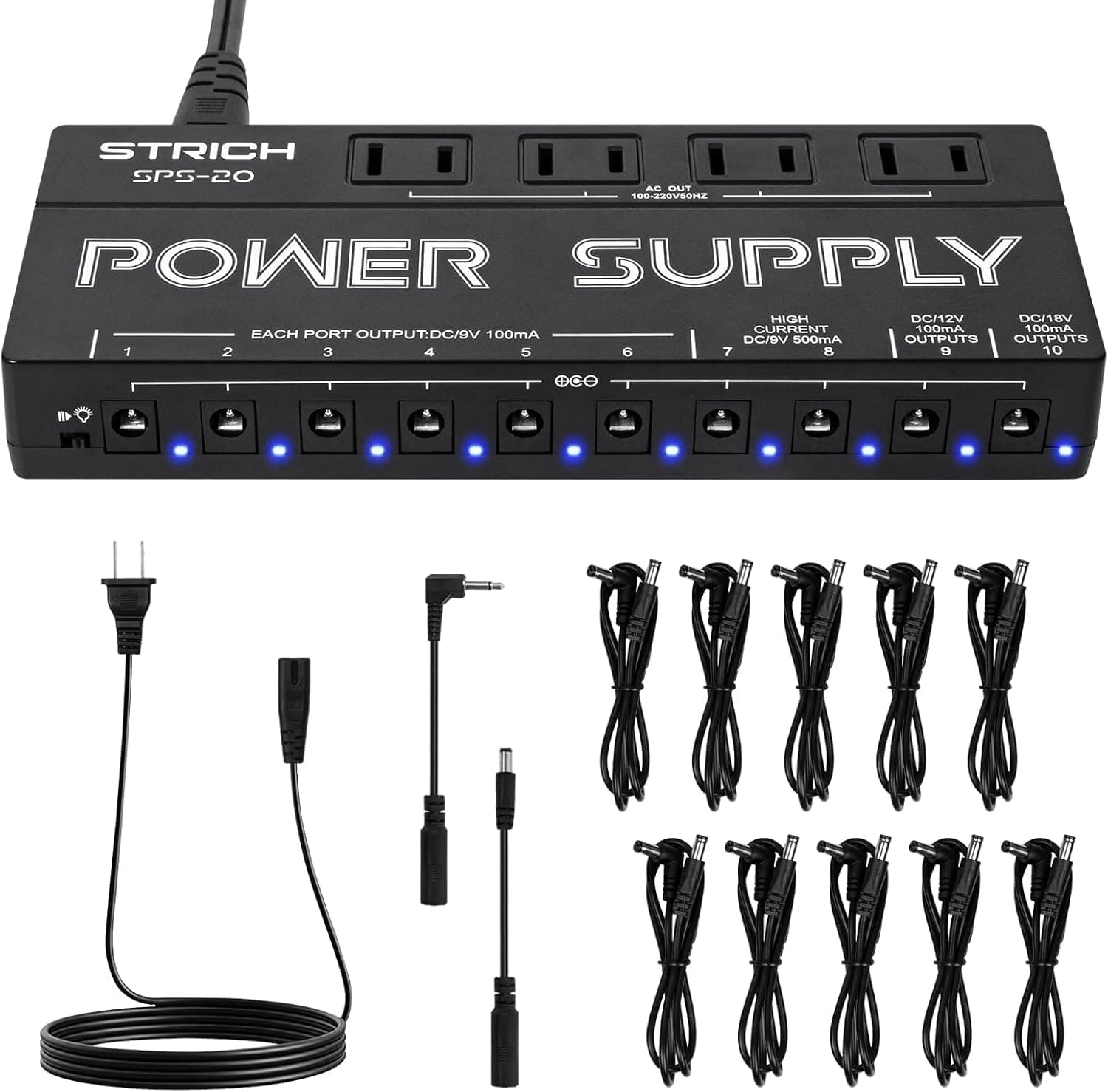 STRICH SPS-20 Guitar Power Supply 10 Independent DC Output for 9V/12V/18V (100mA/500mA) Effect Pedal