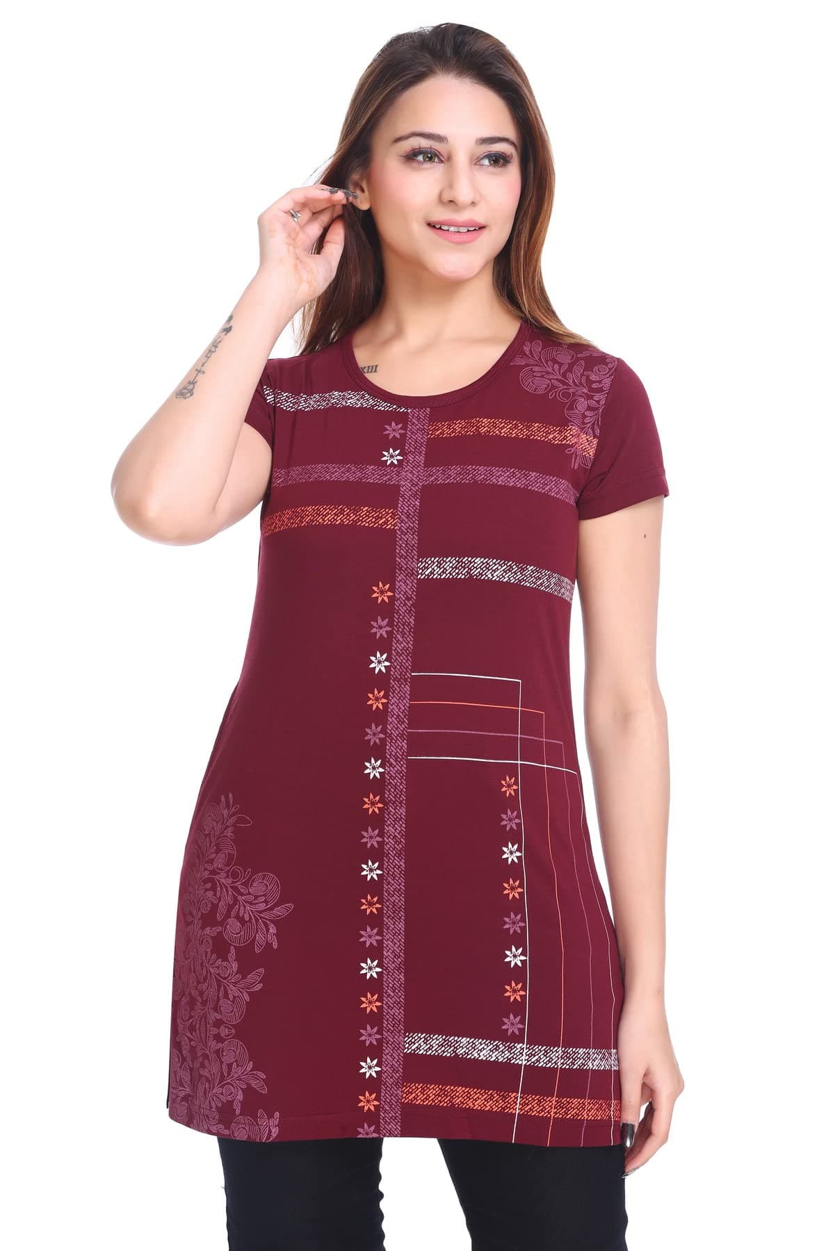 PlushWomen's Long Printed Cotton Round Neck Half Sleeve T-Shirt/Tshirts (DPL-PT-001)