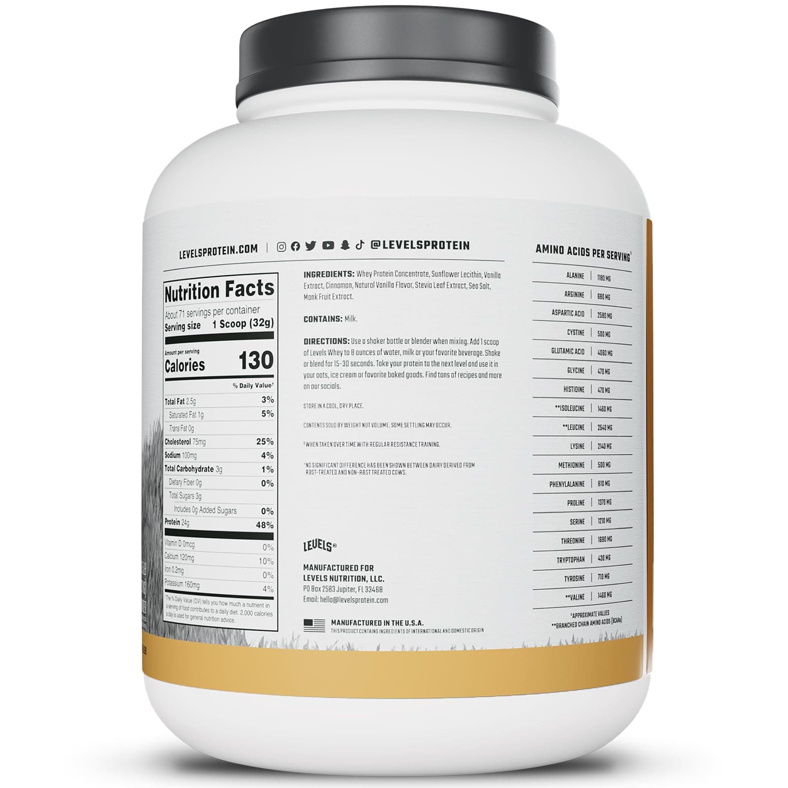 Levels Grass Fed 100% Whey Protein, No GMOs, Vanilla Cinnamon, 5LB