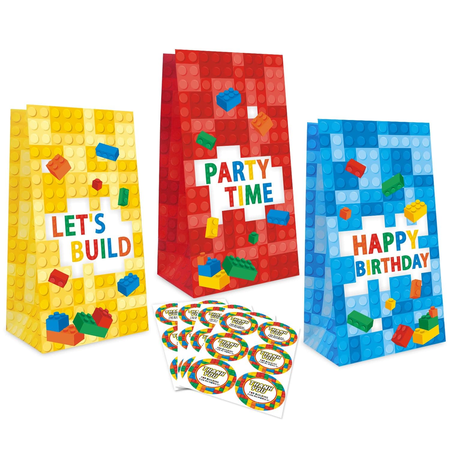 24 Pcs Building Block Goodie Treat Bags Party Favor Birthday Goodie Gift Treat Bags with Stickers Colorful Building Block Theme Gift Birthday Party Decoration Supplies