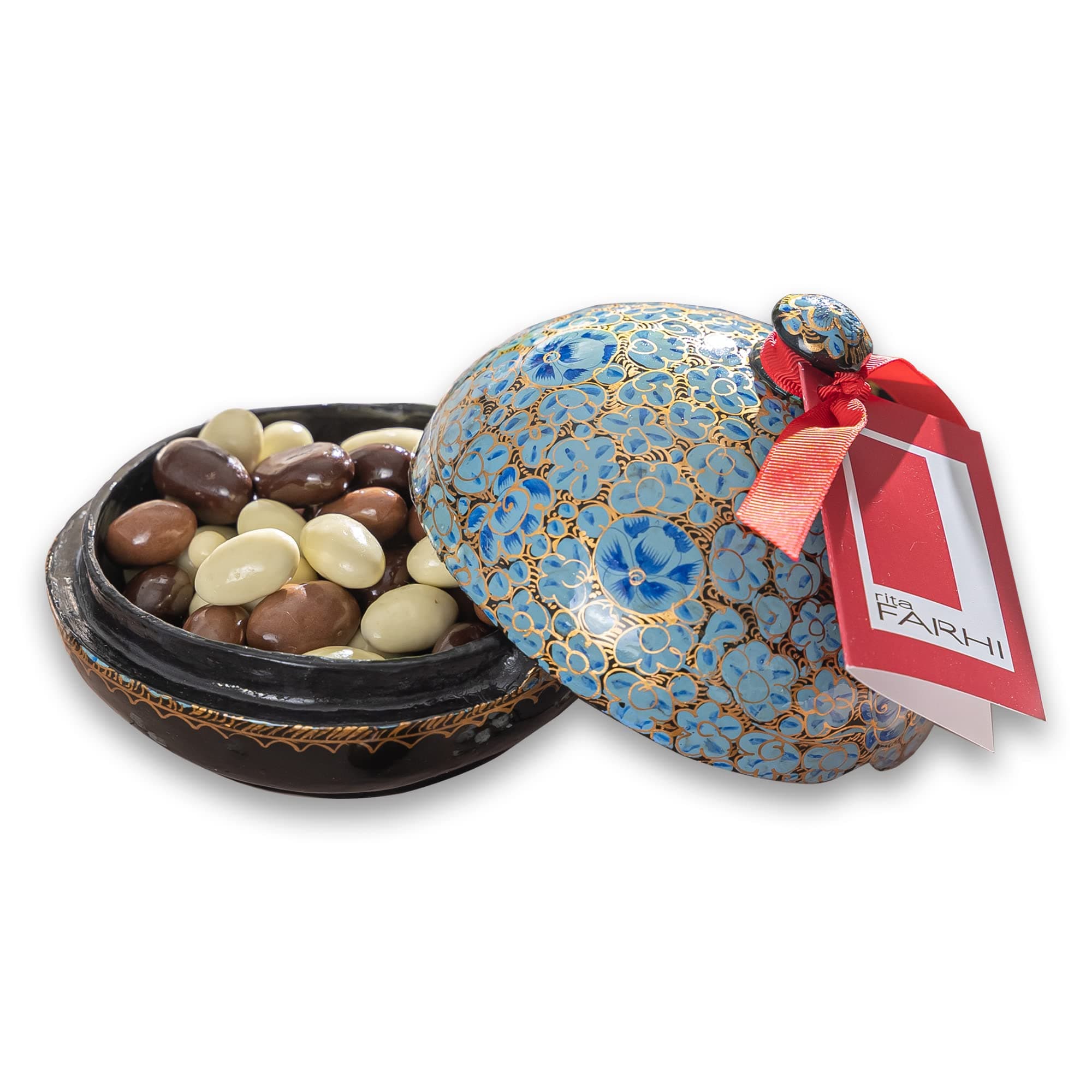 Milk, White and Dark Chocolate Covered Almonds in a Hand Made Papier Machè Bonbonnière - Luxury Chocolate Gift Box - 130 g - Blue - New Palm Oil Free Recipe