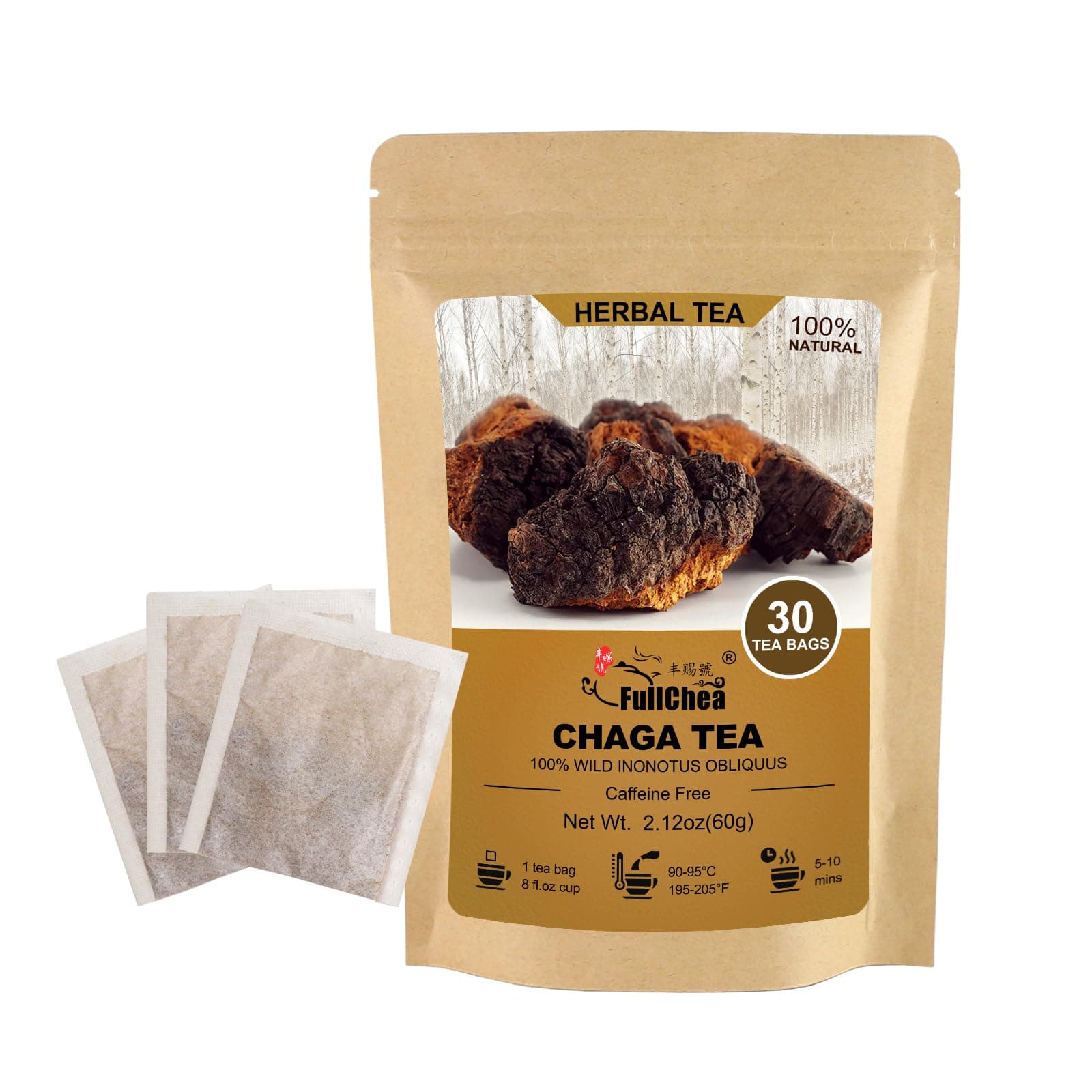 Chaga Tea Bags, 30 Teabags, 2g/Bag - Premium Chaga Mushroom Tea - Non-GMO - Caffeine-Free - Rich in Antioxidants & Aid in Digestion