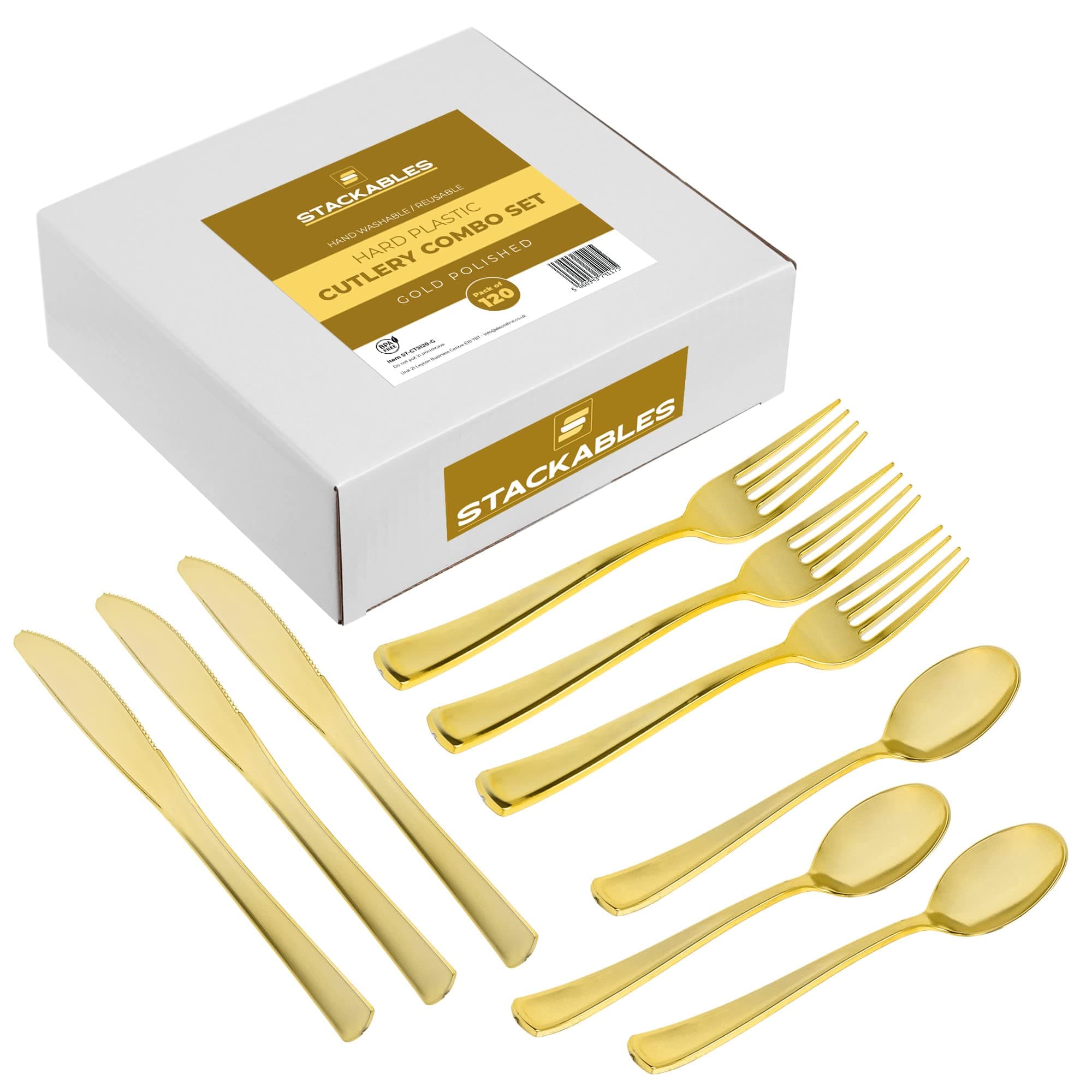 120 Pieces Reusable Gold Plastic Cutlery: Spoons, Forks, Knives