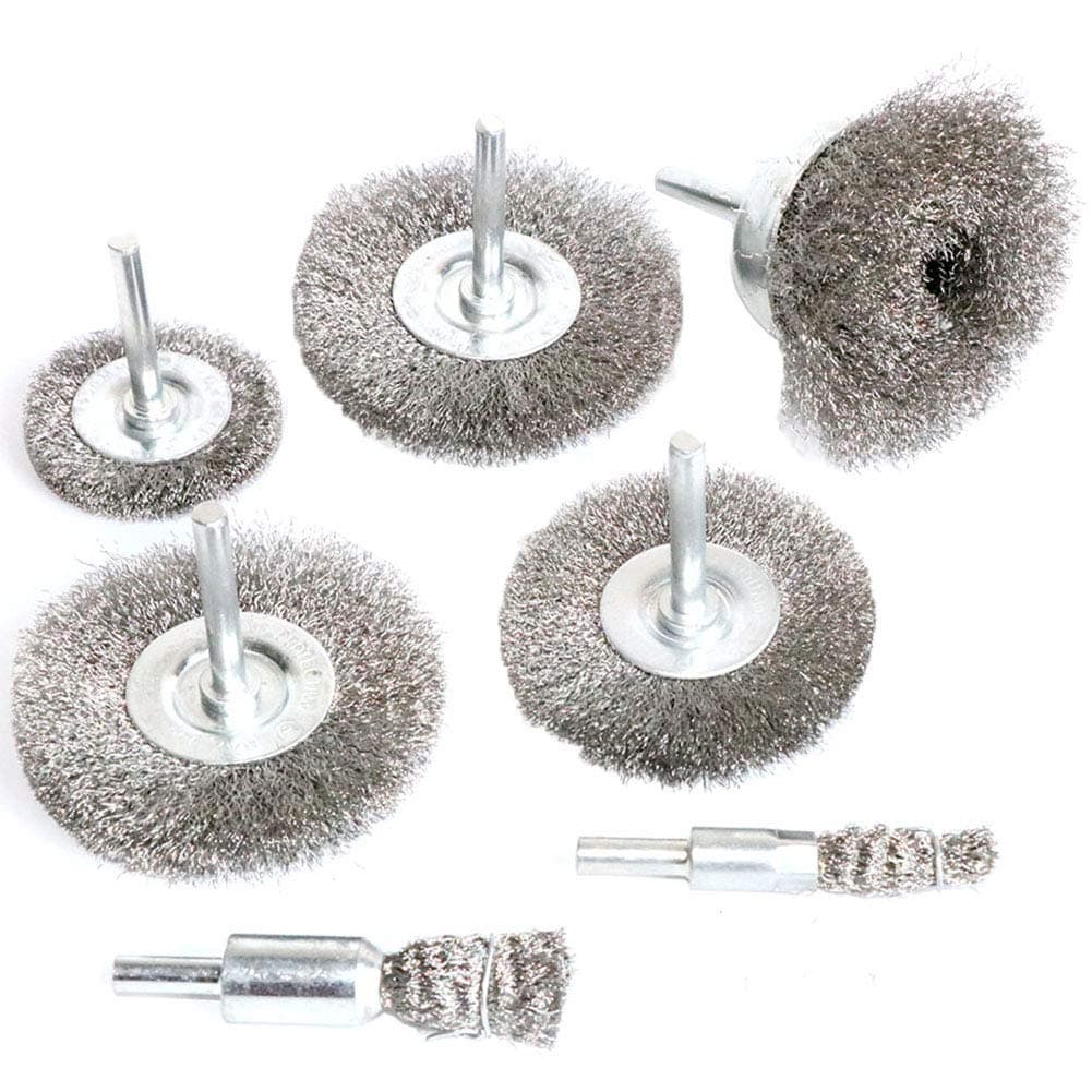FPPO Stainless Steel Wire Wheel Brush & Crimped Cup Brush Kit for Drill,Fine Wire Diameter 0.0059 Inch,for Rotary Tool with 1/4-Inch Shank,Removal of Rust,deburring,Paint (7pcs)