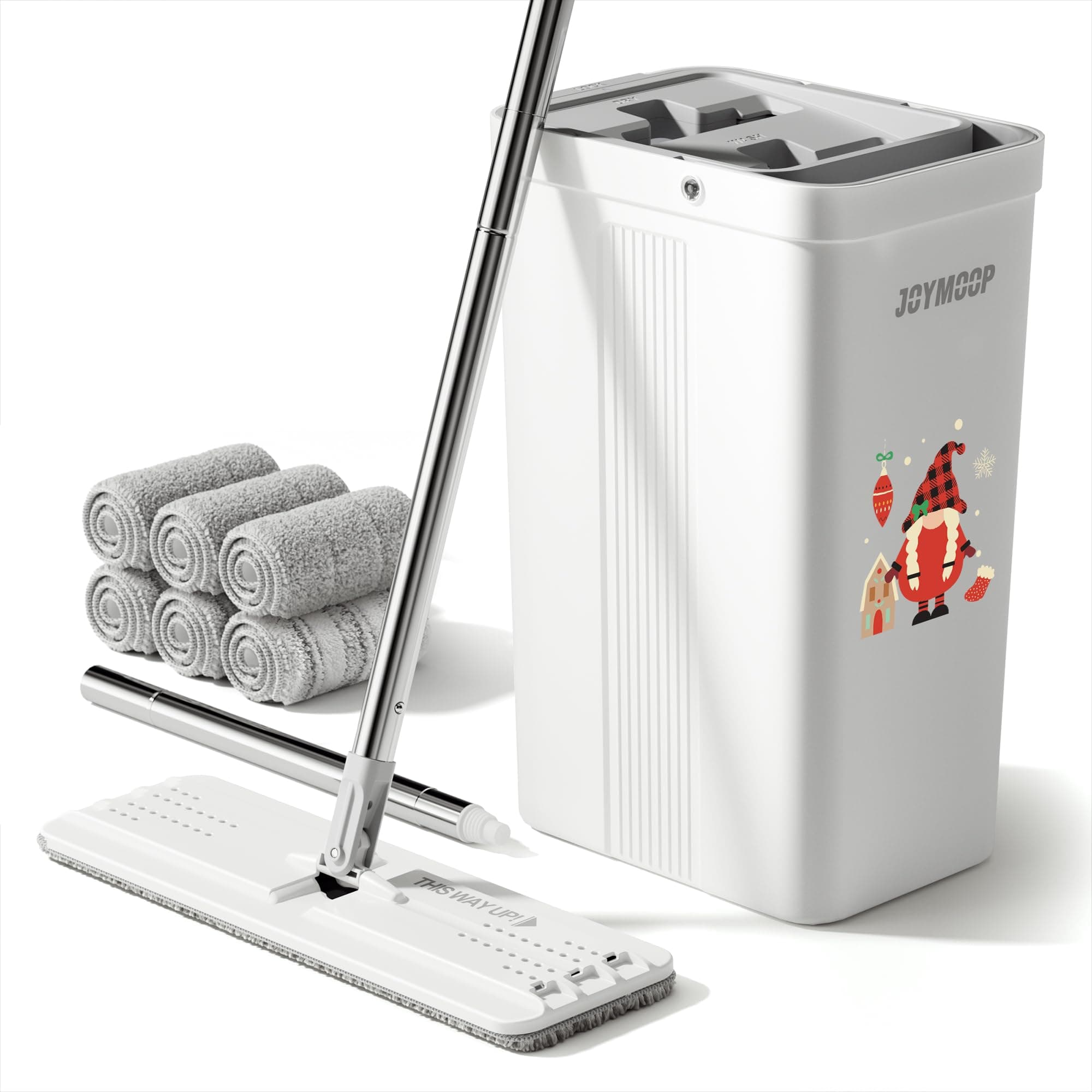 JOYMOOP Mop and Bucket with Wringer Set, White Flat Squeeze Mop Bucket Set for Floor Cleaning, Hands Free Wet Dry Mop for Walls, 60" Mop with 6 Reusbale Microfiber Pads - Christmas Limited