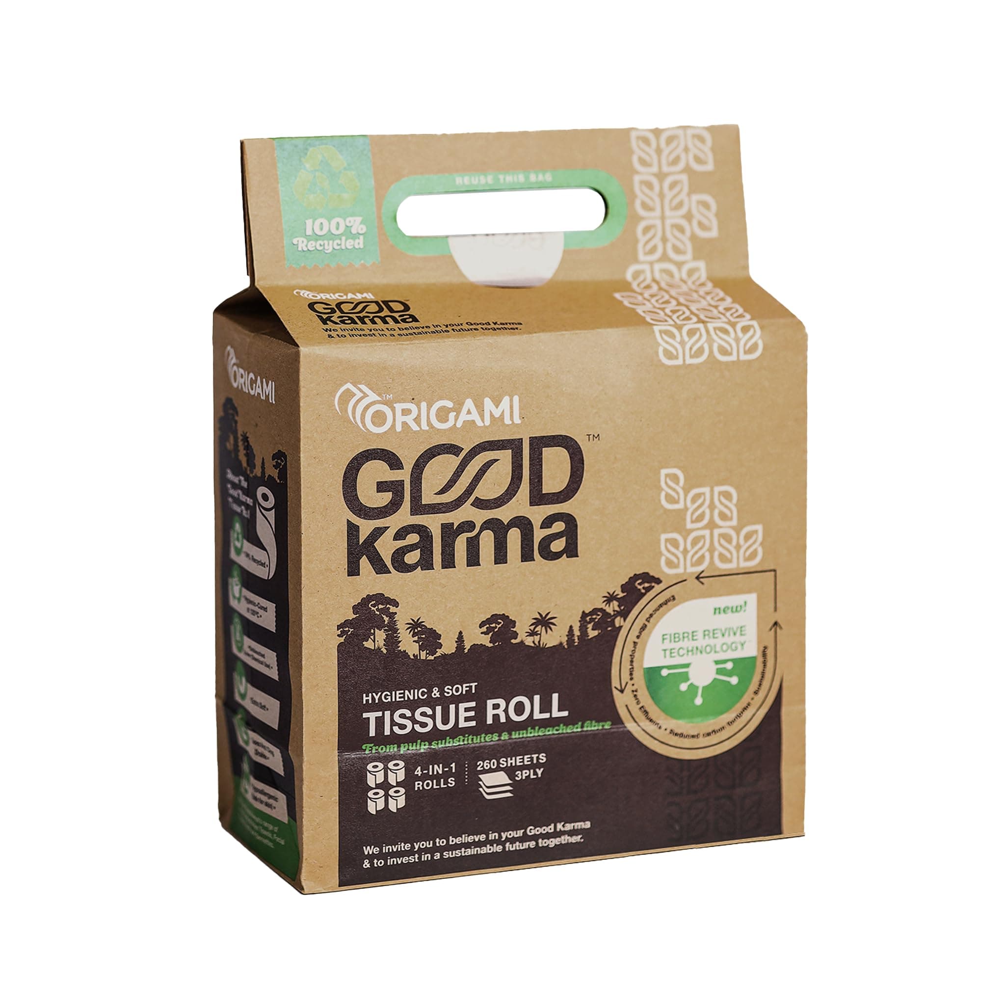 Origami Good Karma 3 Ply 4 in 1 Unbleached Eco Friendly Toilet Tissue Paper Roll | Ultra Absorbent with No Clog & Easy Flush Feature | Gentle on Skin (260 Pulls Per Roll, Total 1040 Sheets)