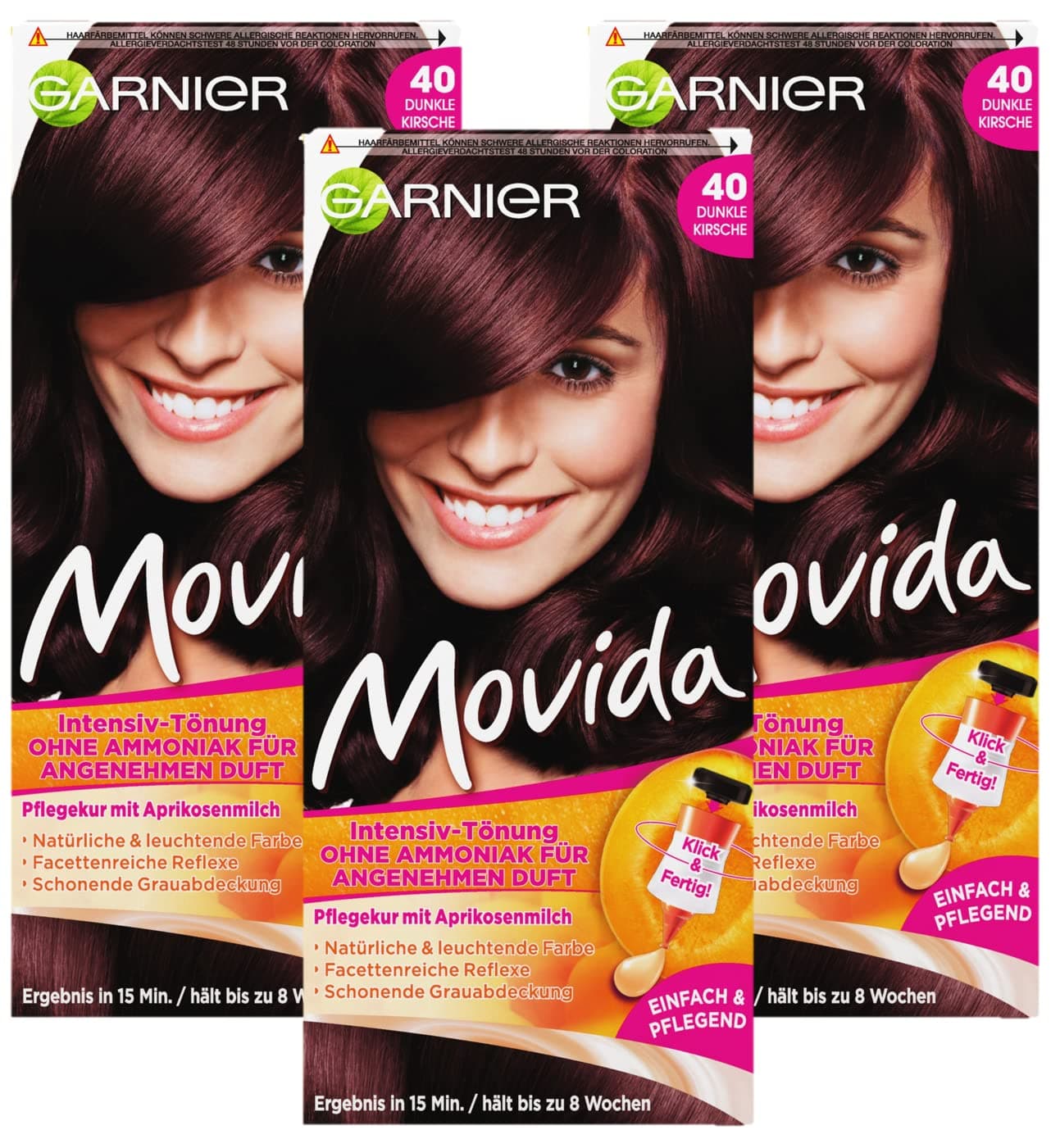Garnier Movida Tint Care Cream / Intensive Tint Hair Colour 40 Dark Cherry (for Bright Colours, Also for Grey Hair, Without Ammonia) Pack of 3 Hair Colouring Set