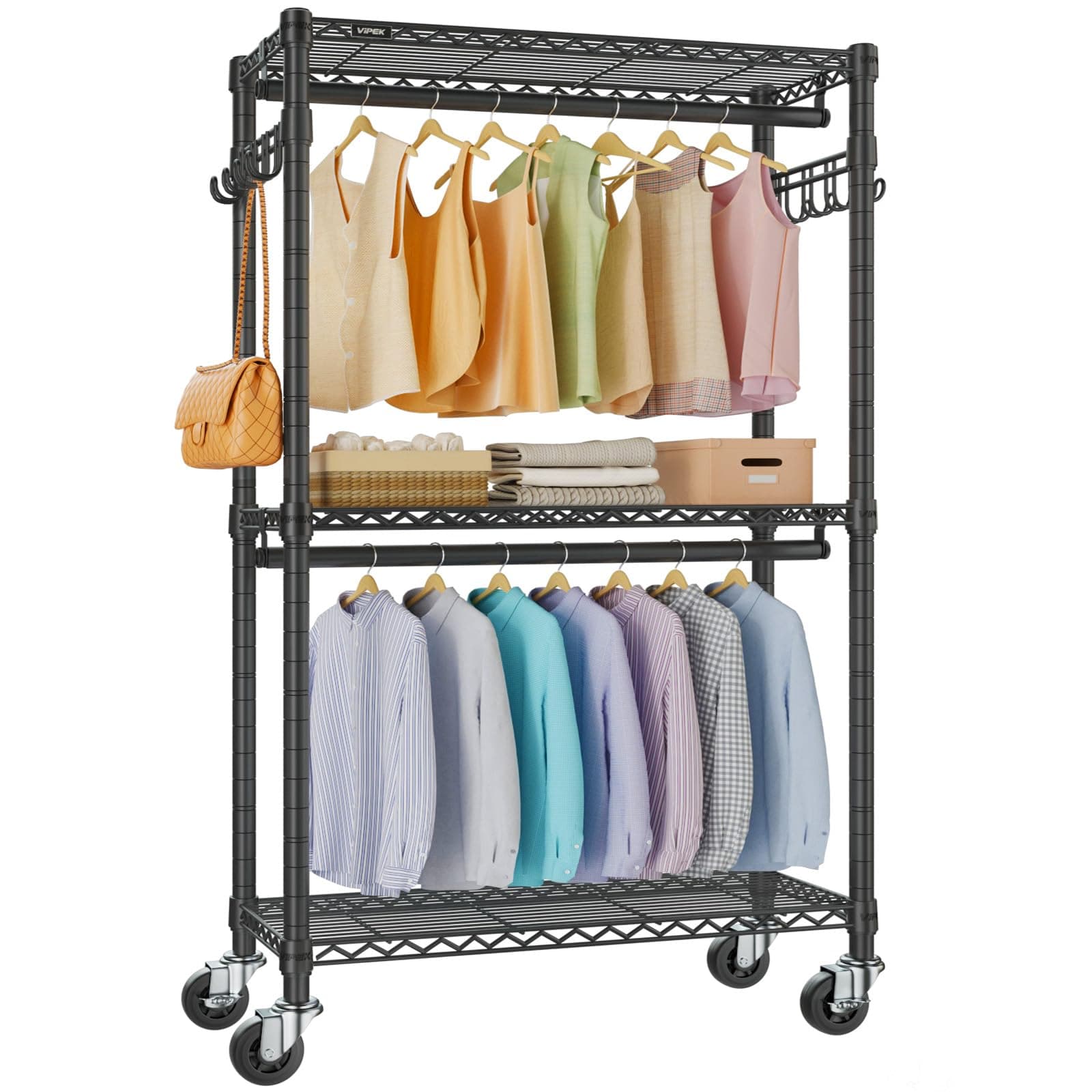 V12 Mini Rolling Clothes Rack Heavy Duty Clothing Rack for Hanging Clothes Adjustable Metal Wire Shelving Portable Closet with Wheels Side Hooks, Freestanding Closet Wardrobe, Black
