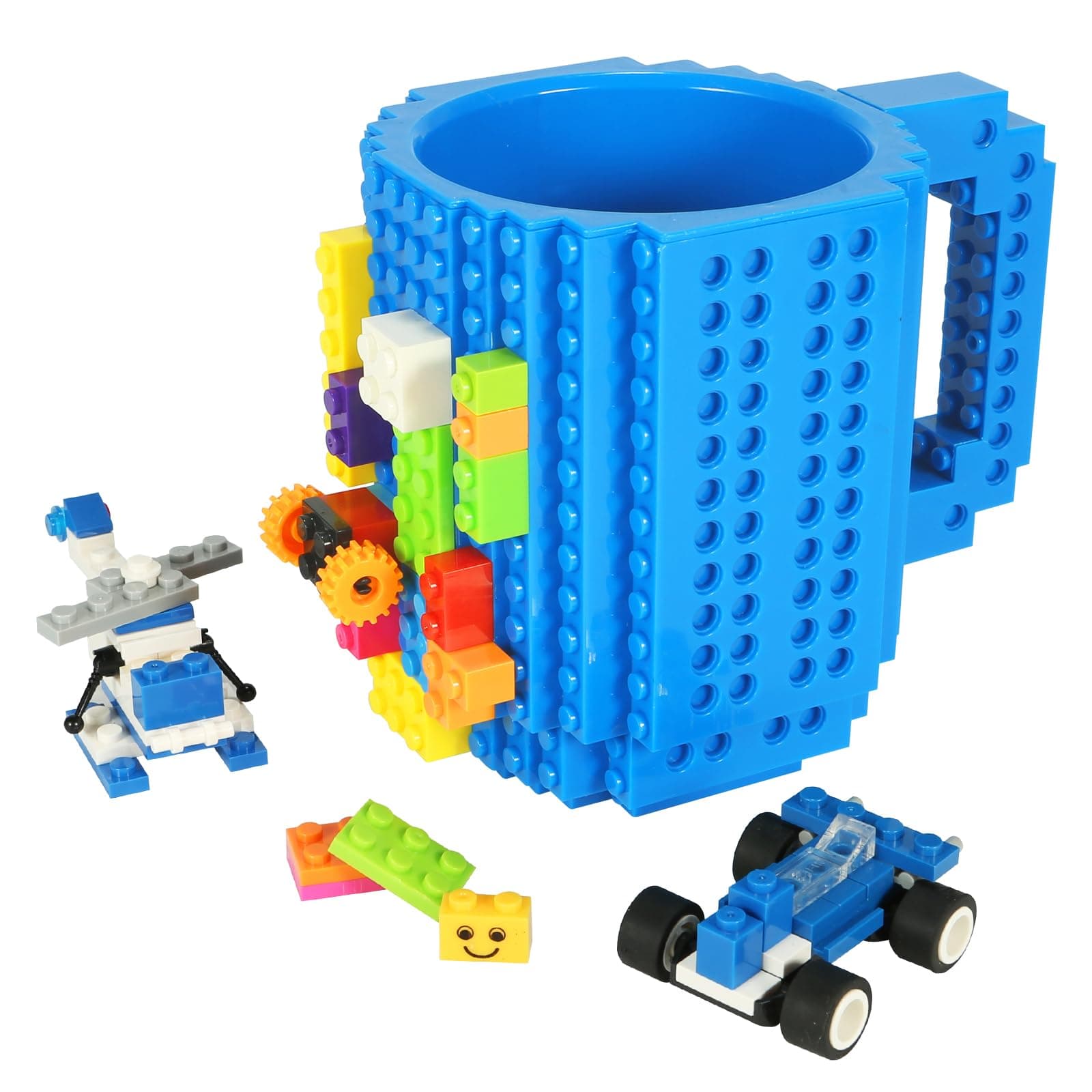 Lumsburry Build-on Brick Coffee Mug, Funny DIY Novelty Cup with Building Blocks Creative for Kids Men Women Xmas Birthday (Blue)