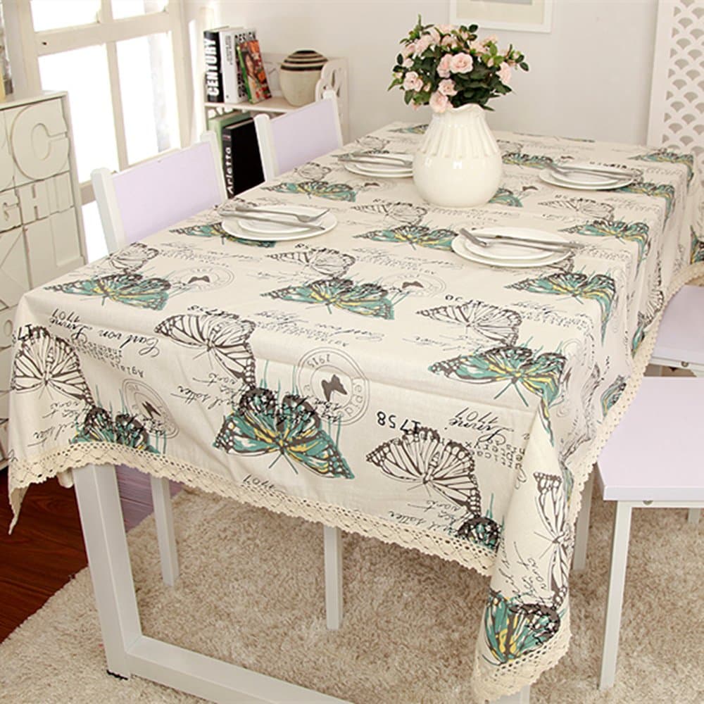 Enovaus Natural Simple Rectangular Square Solid Cotton and Linen Tablecloth Macrame Lace Dustproof Table Cover for Kitchen Dinning Pub Tabletop Decoration (54"x 72", Butterfly Printed)