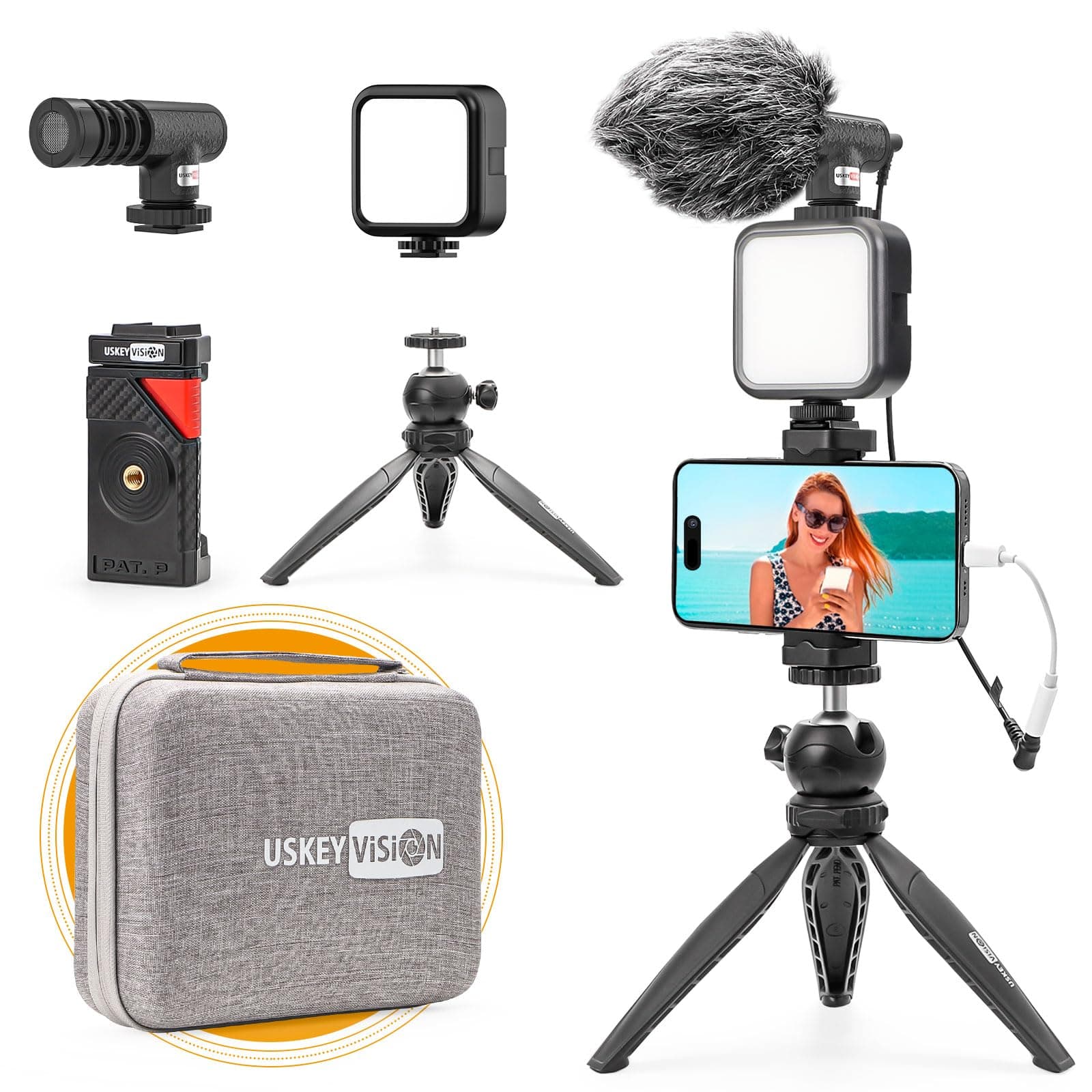 USKEYVISION Smartphone Vlogging Kit for iPhone 16/15/14 Mini/Pro/Max, Android Smartphone Content Creator Kit w/Microphone Light Auto-Switch Phone Clip for YouTube Tiktok Live Steam (Vlog K2)