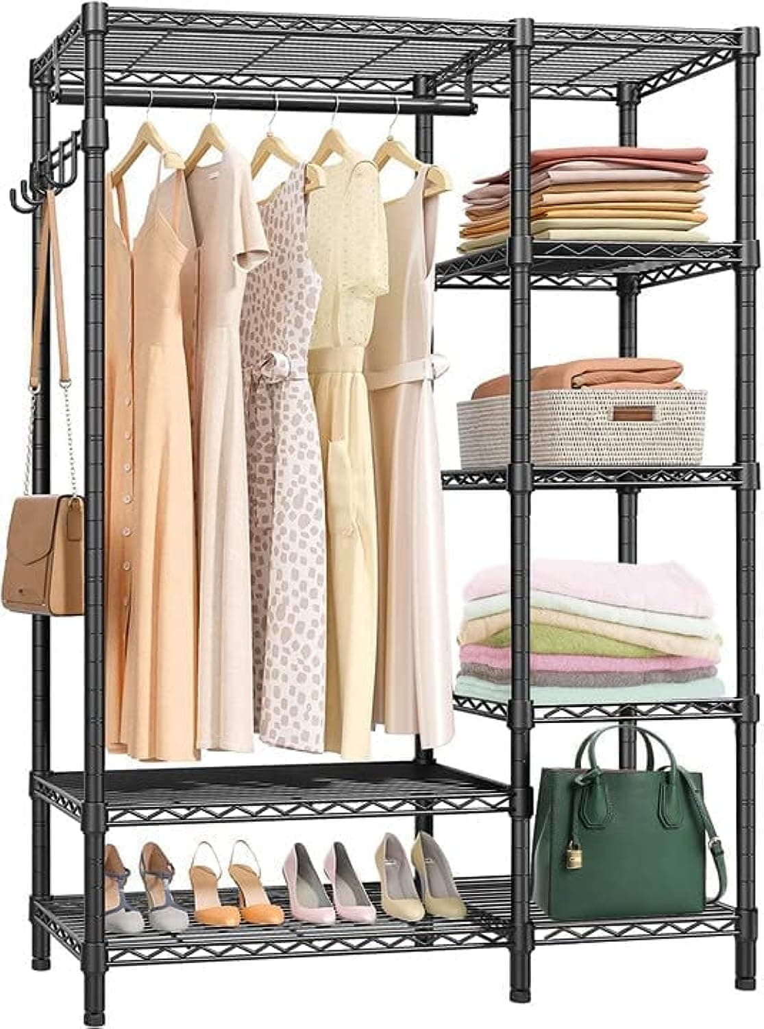 Garment Rack,Heavy Duty Clothes Rack for Hanging Clothes,Multi-Functional Bedroom Clothing Rack Freestanding Closet Wardrobe Rack (Black, Type D)