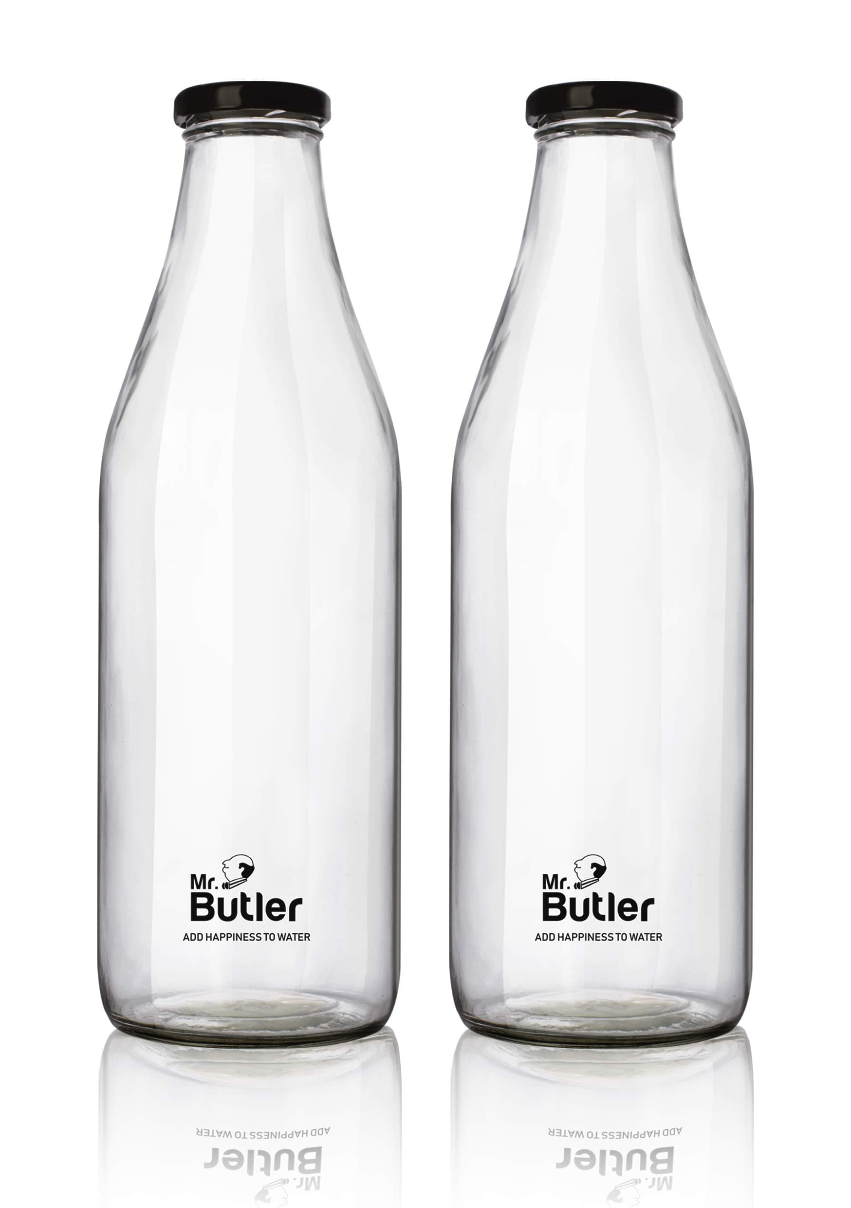 Mr. Butler Water, Milk, Juice Glass Bottle 1000ml - 2 Pack, with Extra caps