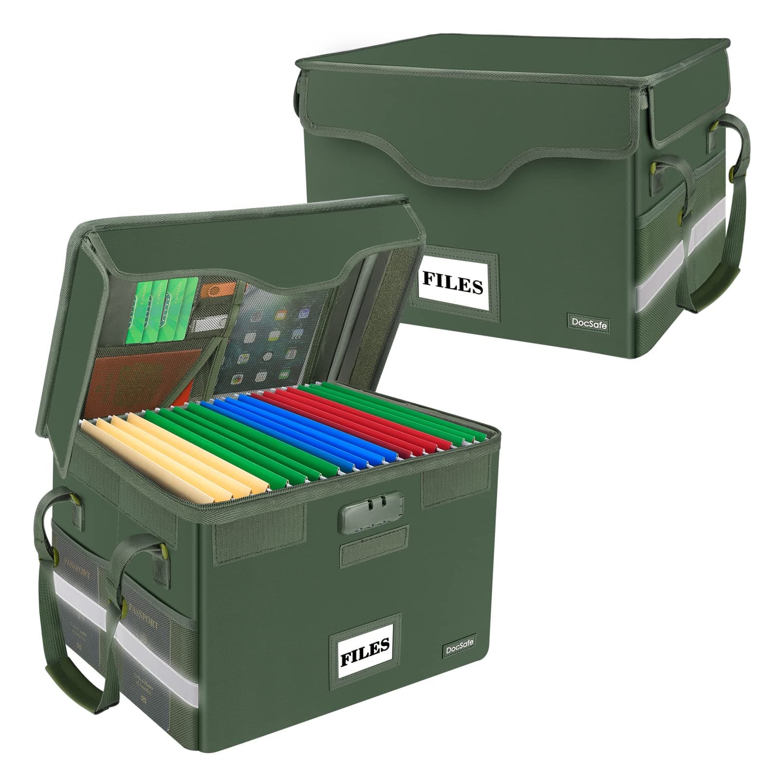 DocSafe File Box Fireproof Document Box with Lock,File Storage Organizer Box with Insert Mesh Pockets,Green,2 Pack