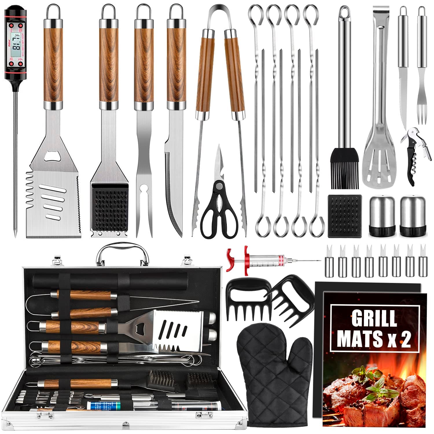 BBQ Grill Accessories Set, 38Pcs Stainless Steel Grill Tools Grilling Accessories with Aluminum Case, Thermometer, Grill Mats for Camping/Backyard Barbecue, Grill Utensils Set for Men Women
