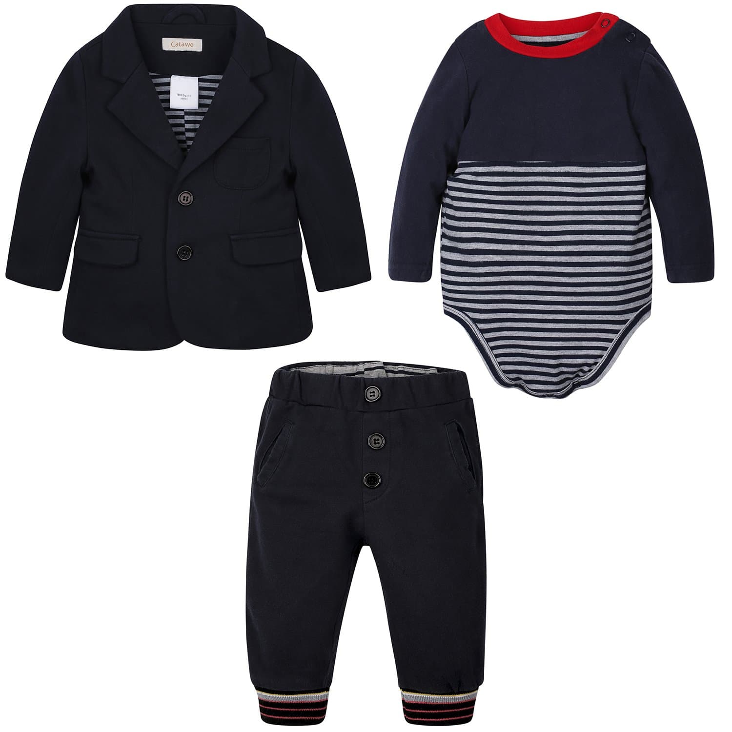 CATAWE Newborn Baby Boy Suits, Newest Infant Gentleman Boys' Suit Spring Fall Long Sleeve Pure Cotton Romper Jumpsuit Clothes Onesie 3Pcs Outfits Set for Toddler Baby Boys (Label 70, Dark Blue)