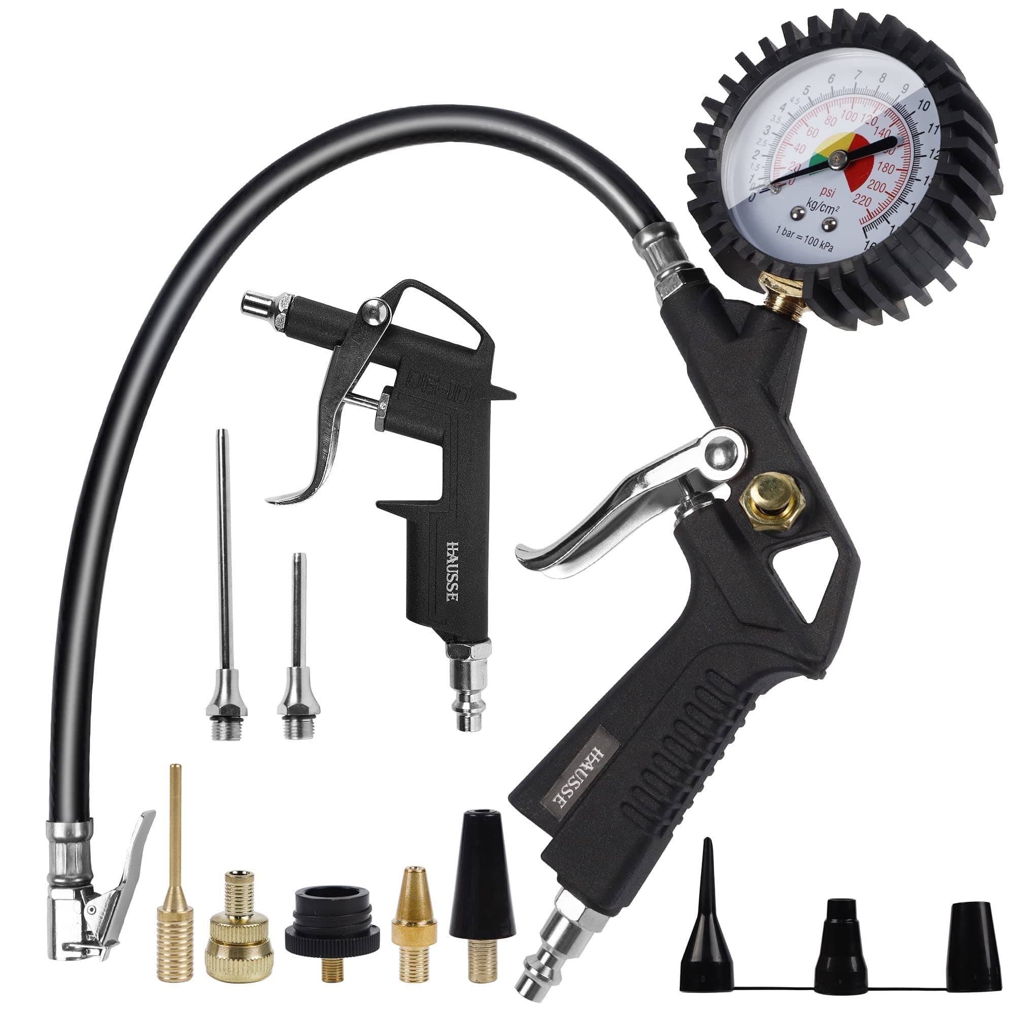 Heavy Duty Air Compressor Accessory Kit, Air Blow Gun and Air Hose Fittings, 1/4" NPT Air Tool Kit with 100 PSI Tire Inflator Gauge