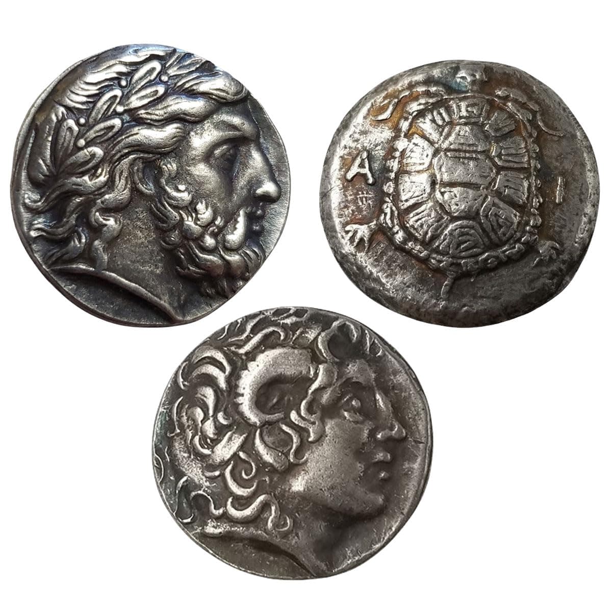 Silver Plated Ancient Greek Coins Alexander The Great Tetradrachm Islands of Attica Aegina Stater - Reproduction Replica for Collection - 3 Pieces