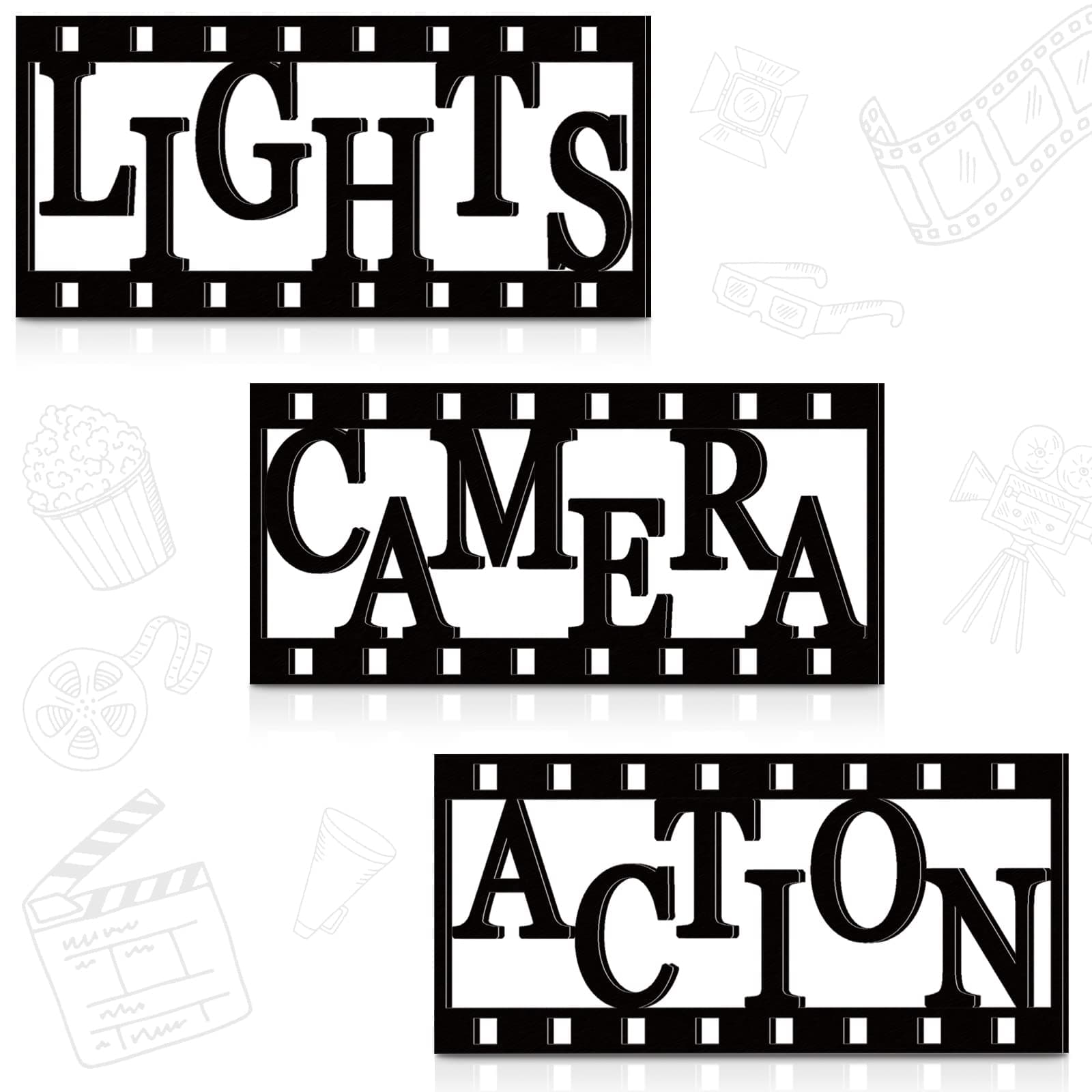 Yookeer 3 Pieces Home Movie Theater Room Decor Cinema Wall Art Wooden Reel Wall Sign Home Theater Action Sign Cinema Movie Film Wall Decoration(11.4 Inch,Simple Style)