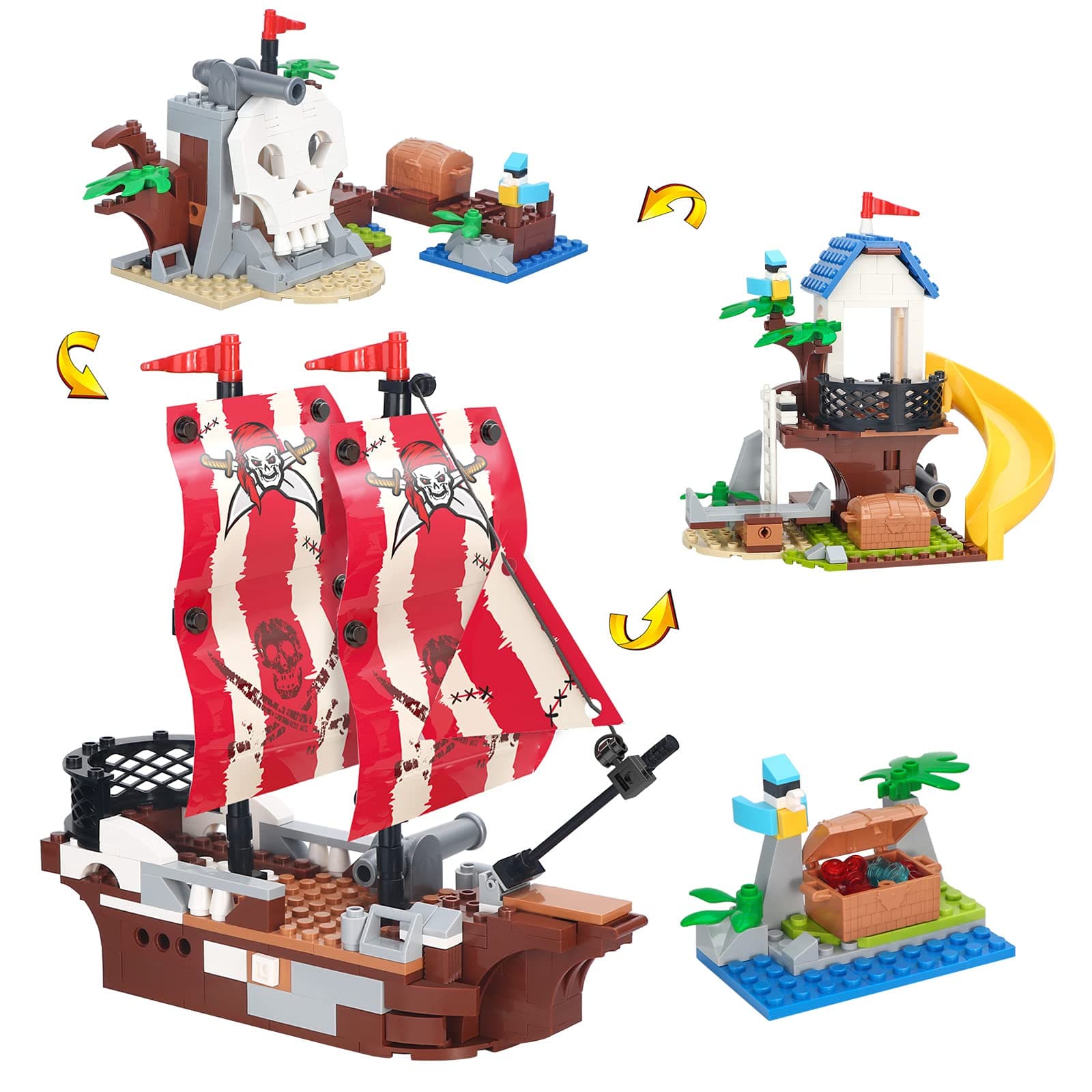 3in1 Pirate Ship Building Set with Treasure Island, Toy Pirates Island Building Kit, Outpost with Slide and Seesaw, Creative Playset Pirates Themed Gifts for Boys Ages 6 Years and up, 260 Pcs