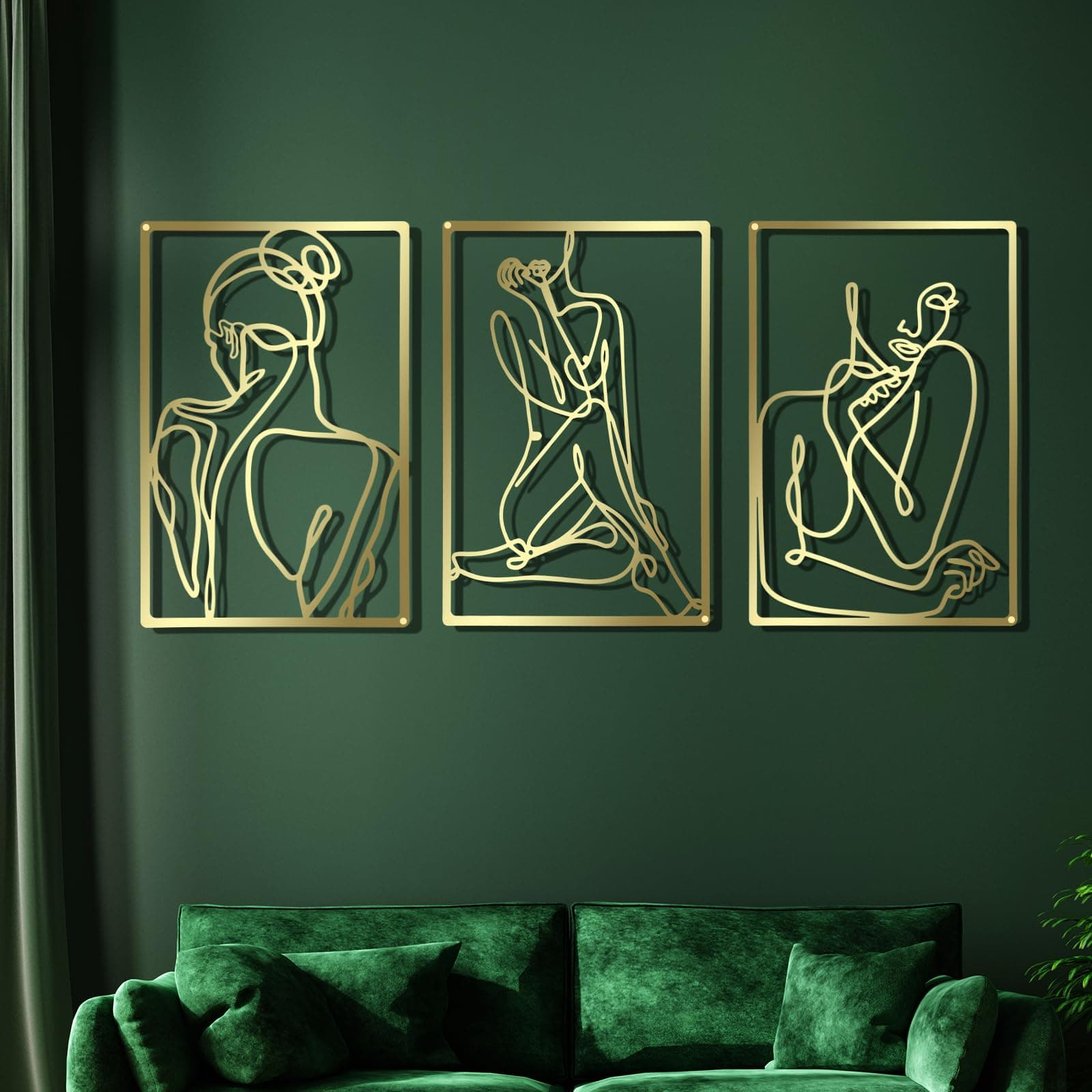CHENGU 3 Pieces Gold Wall Decor Minimalist Wall Art Metal Line Wall Art Wall Decor for Bedroom Single Line Female for Kitchen Bathroom Living Room(Bright Style)