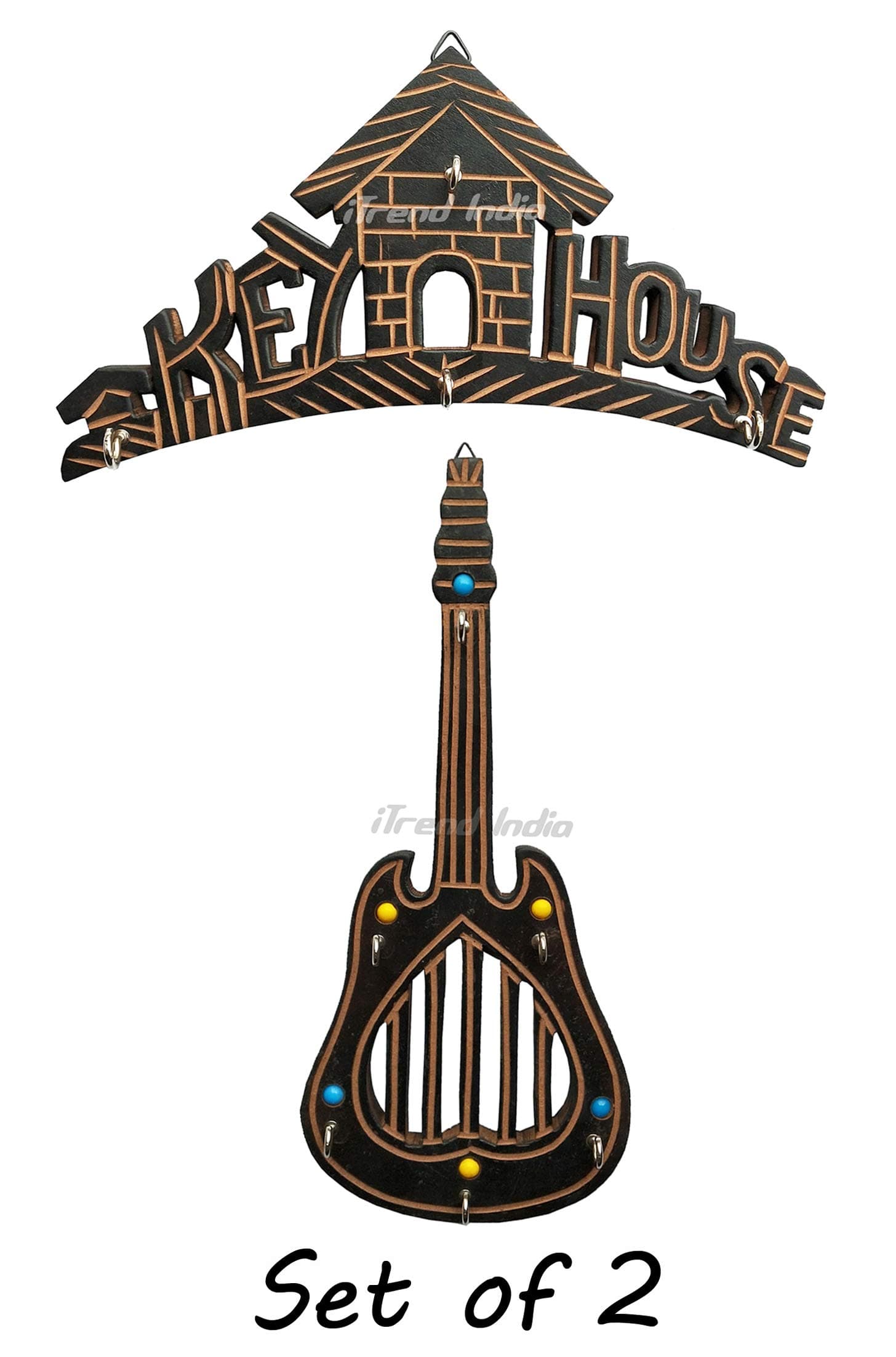 iTrend India Wooden Hand-made Key Holder for Wall Hanging Key Hooks Key House & Guitar (Black) Set of 2 , 10 Hooks