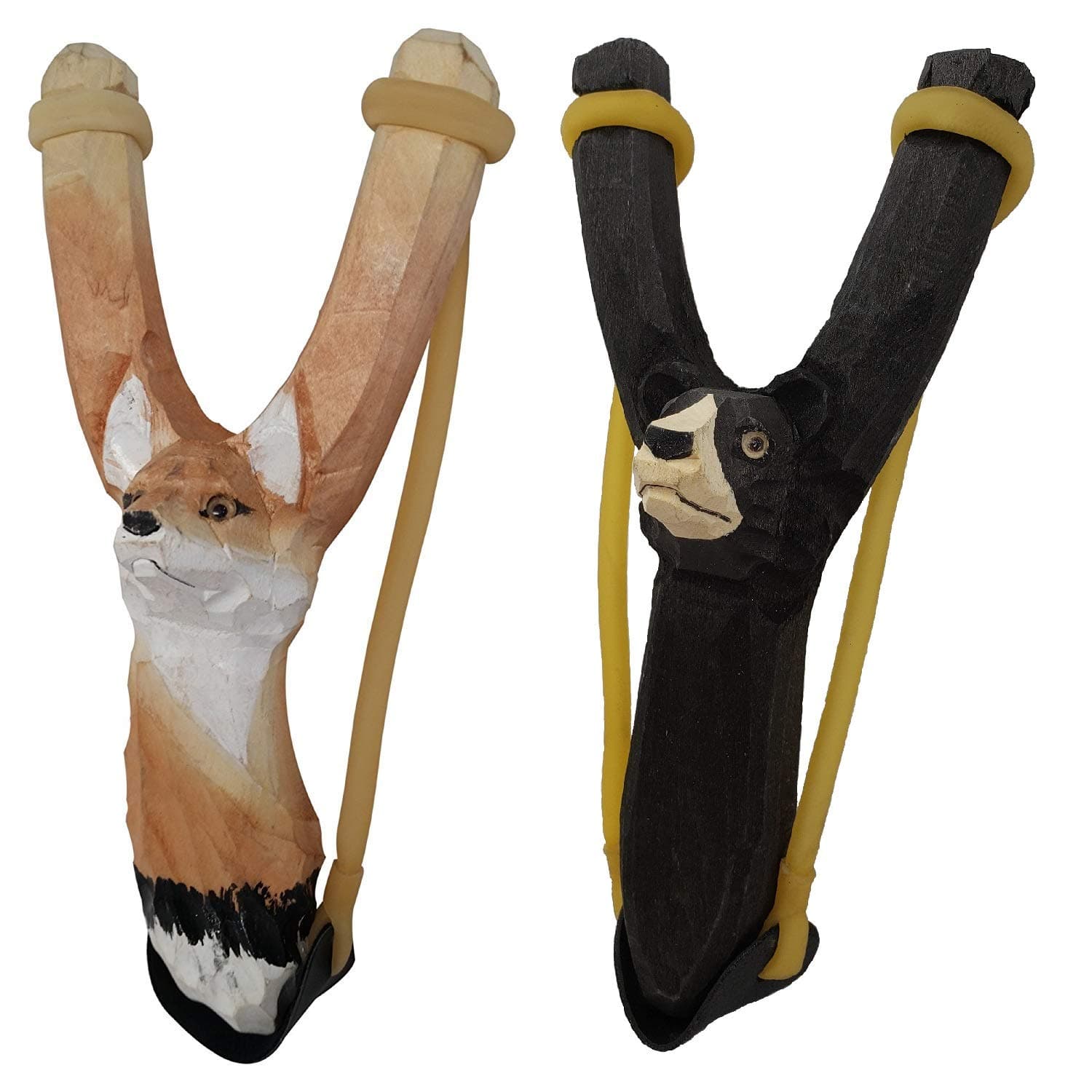 Hand-Carved Wooden Animal Slingshot Set | 2 Pack (Bear & Fox)