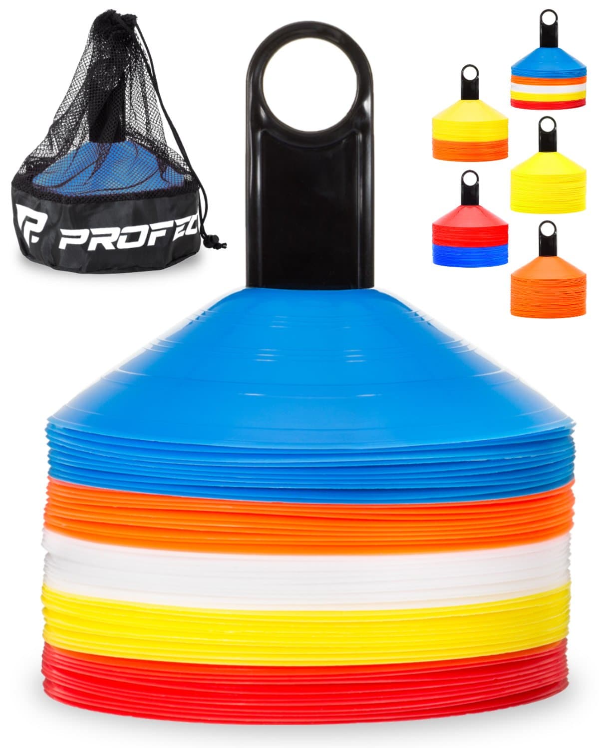 Pro Disc Cones (Set of 50) - Agility Soccer Cones with Carry Bag and Holder for Sports Training, Football, Basketball, Coaching, Practice Equipment, Kids - Includes 15 Best Cone Drills Book