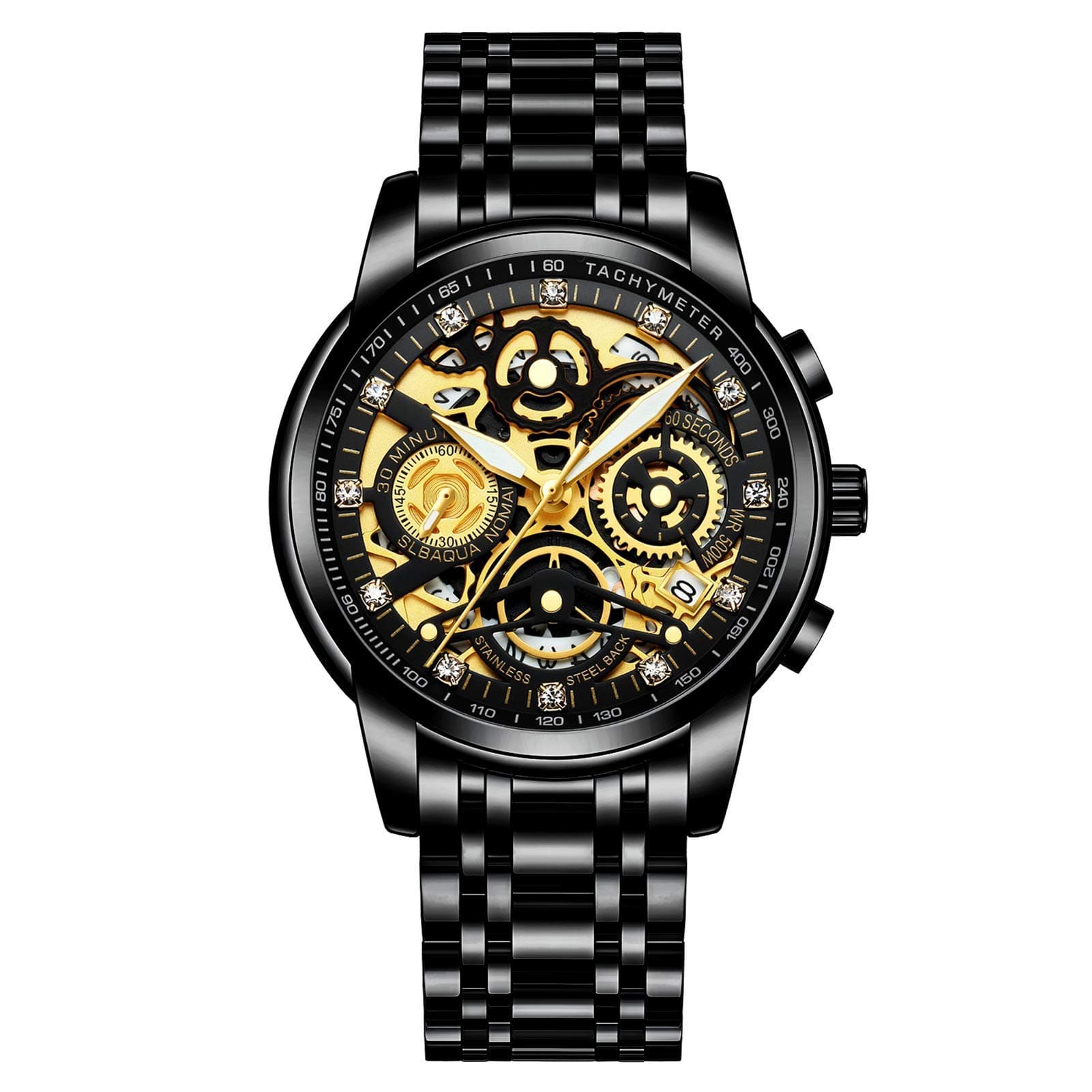 Watches for Men with Stainless Steel, Quartz Analog Watch with Date, Luxury Minimalist Dress Mens Watches, Chronograph Watch, 3ATM Waterproof, Black Wristwatch, Gifts for Men