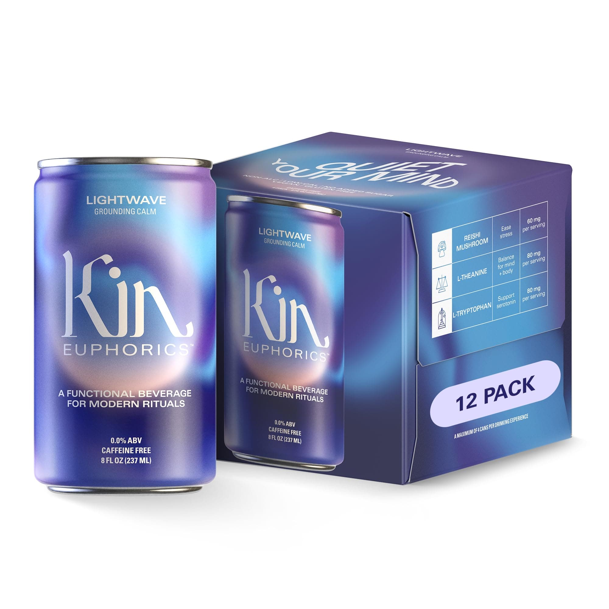Kin Euphorics Lightwave Non-Alcoholic Functional Beverage | Calm the Mind & Mellow the Mood | Adaptogens, Nootropics, Reishi Mushroom & L-Theanine | 8 Fl Oz (12pk)
