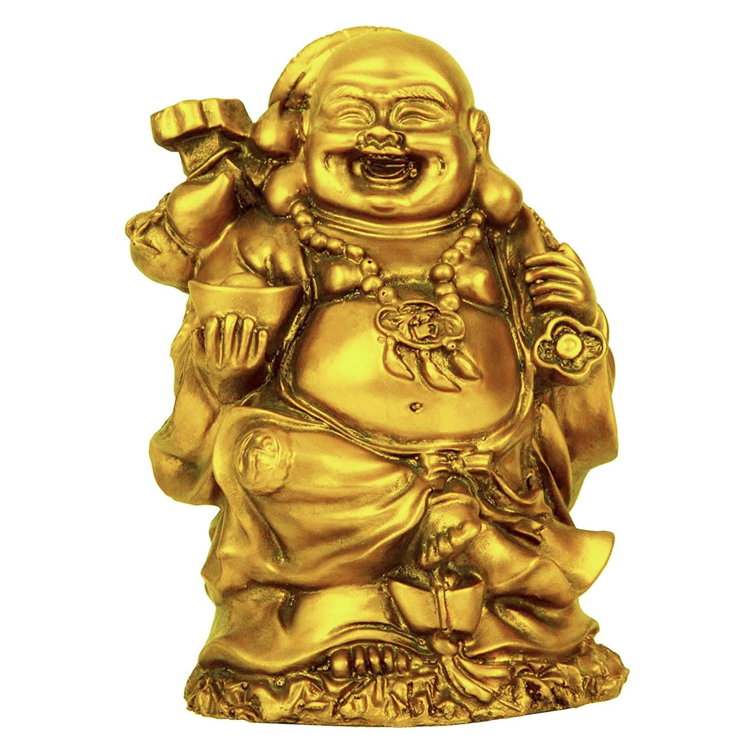 TIED RIBBONS Laughing Buddha Statue for Good Luck Front Door Feng Shui Decor for Home Gold Buddha Statue for Office Desk Happy Buddha Decorations for Living Room Buda Figure