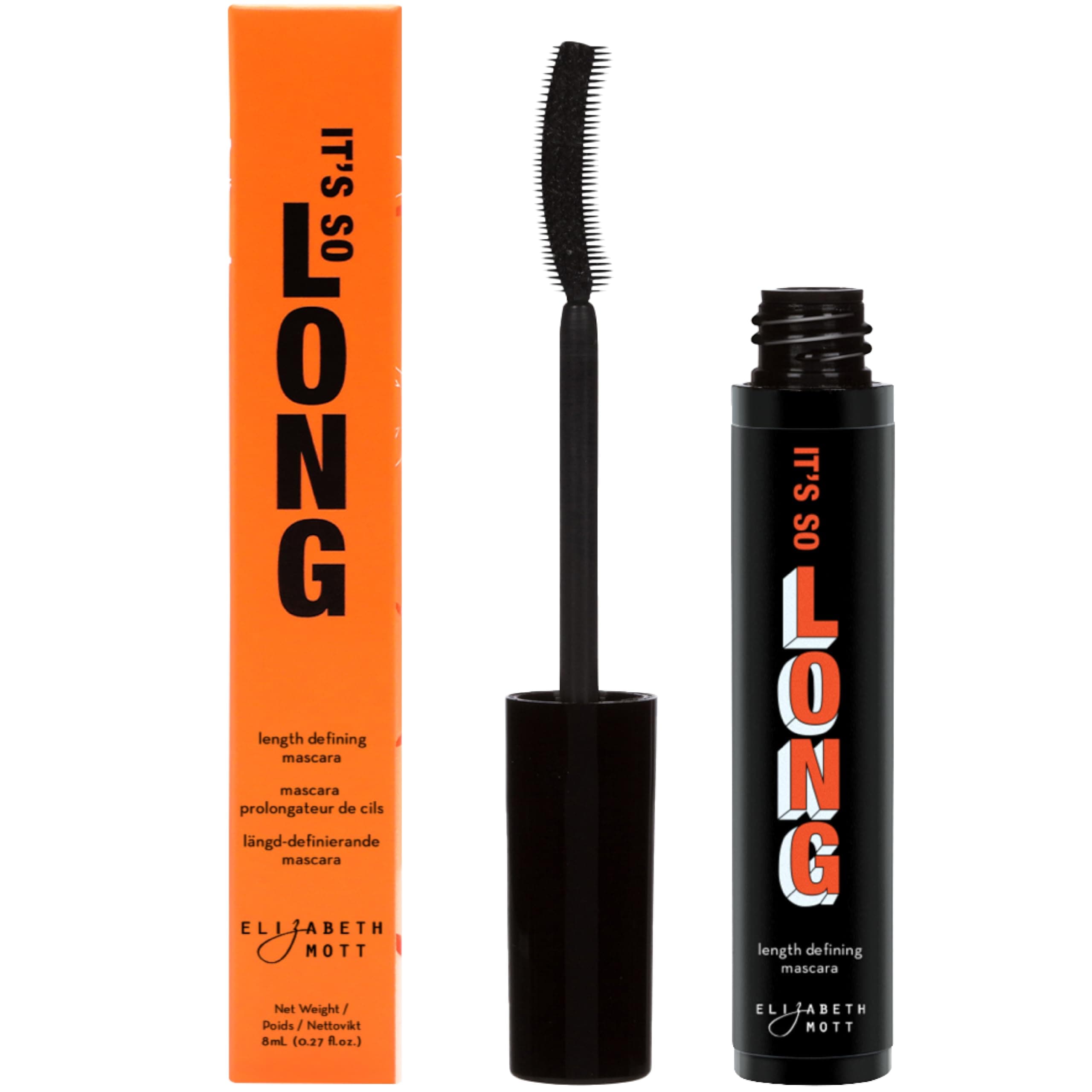 Elizabeth Mott Black Lengthening Mascara – Smudge-Proof, Water-Resistant, No Clump or Flake, Volumizing, Curling & Lash-Extending Fiber Formula with C-Curve Silicone Brush for Full, Long Lashes – 8ml