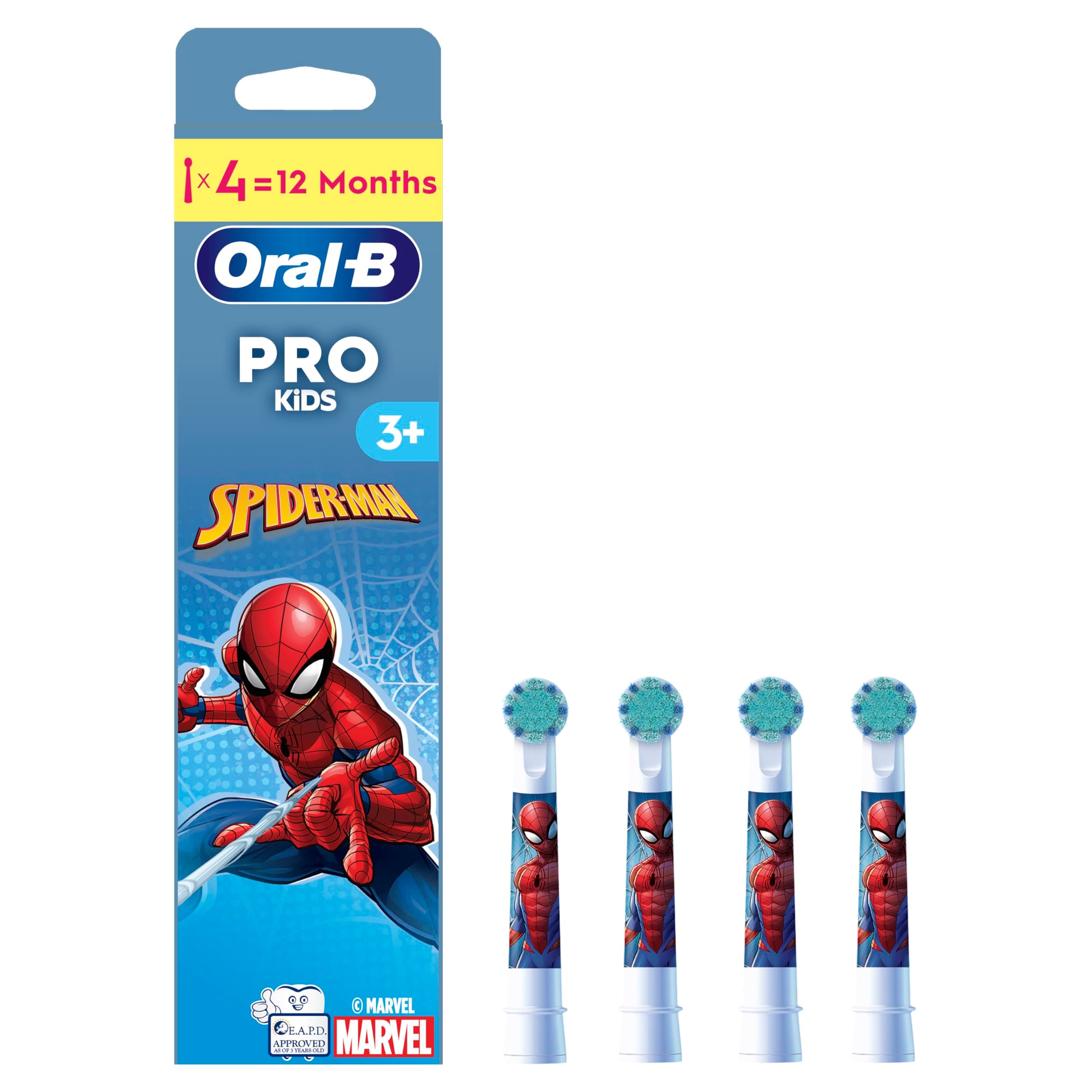 Pro Kids Electric Toothbrush Head, with Spiderman Characters, Extra Soft Bristles, for Ages 3+, Pack of 4 Toothbrush Heads, White