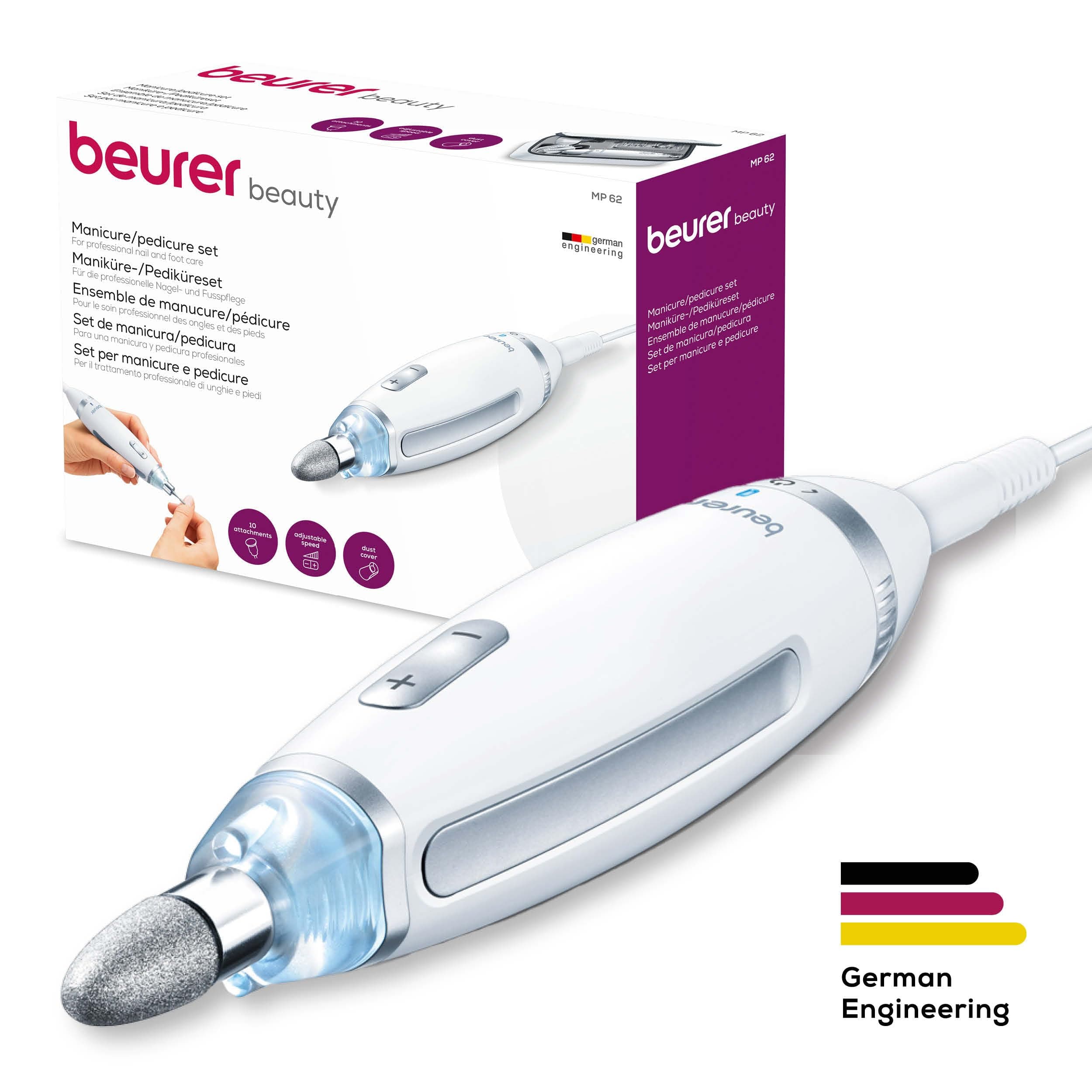 Beurer MP 62 Electric Manicure/Pedicure Set with 10 Tips LED Light with Storage Bag